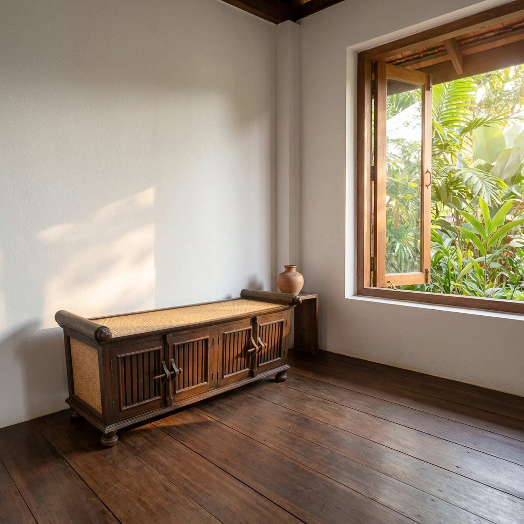 4-türiges Sideboard aus massivem thailändischem Hartholz und geflochtenem Bambus