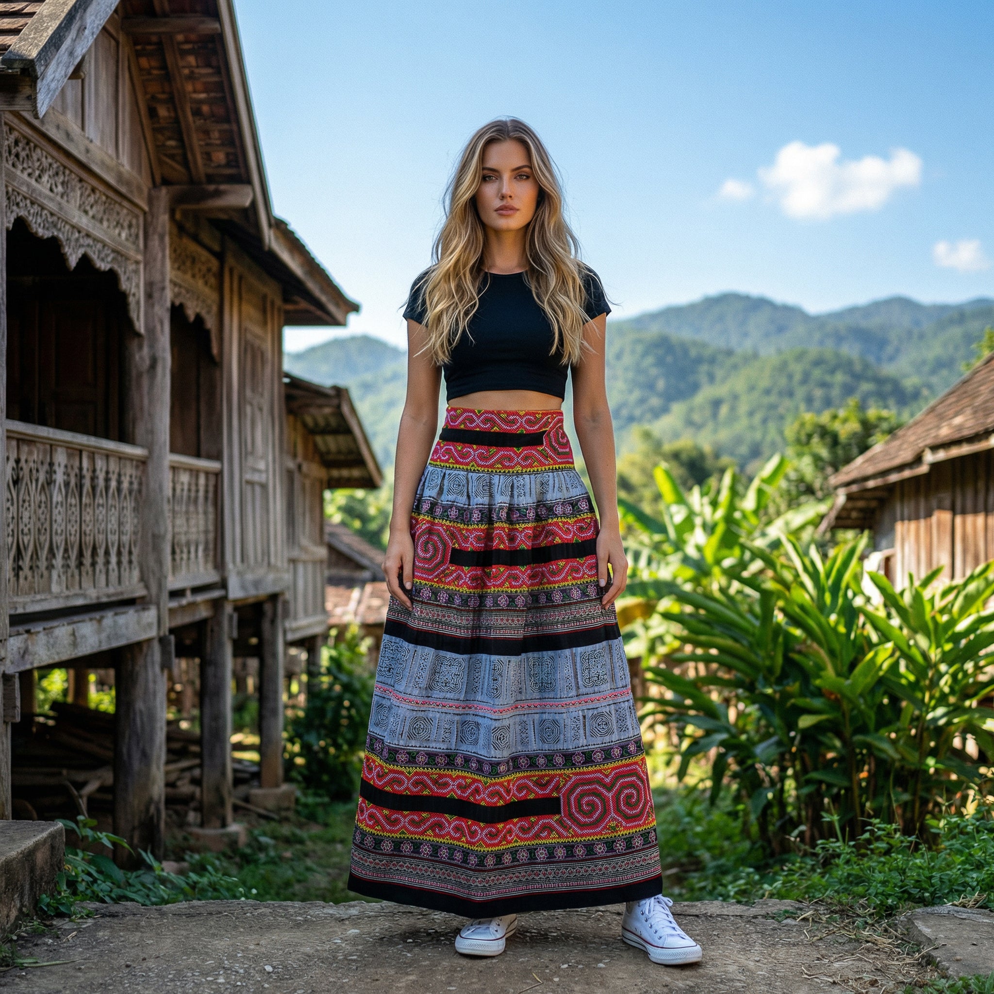 Authentic Hmong Skirt Rainbow Tribal Motifs