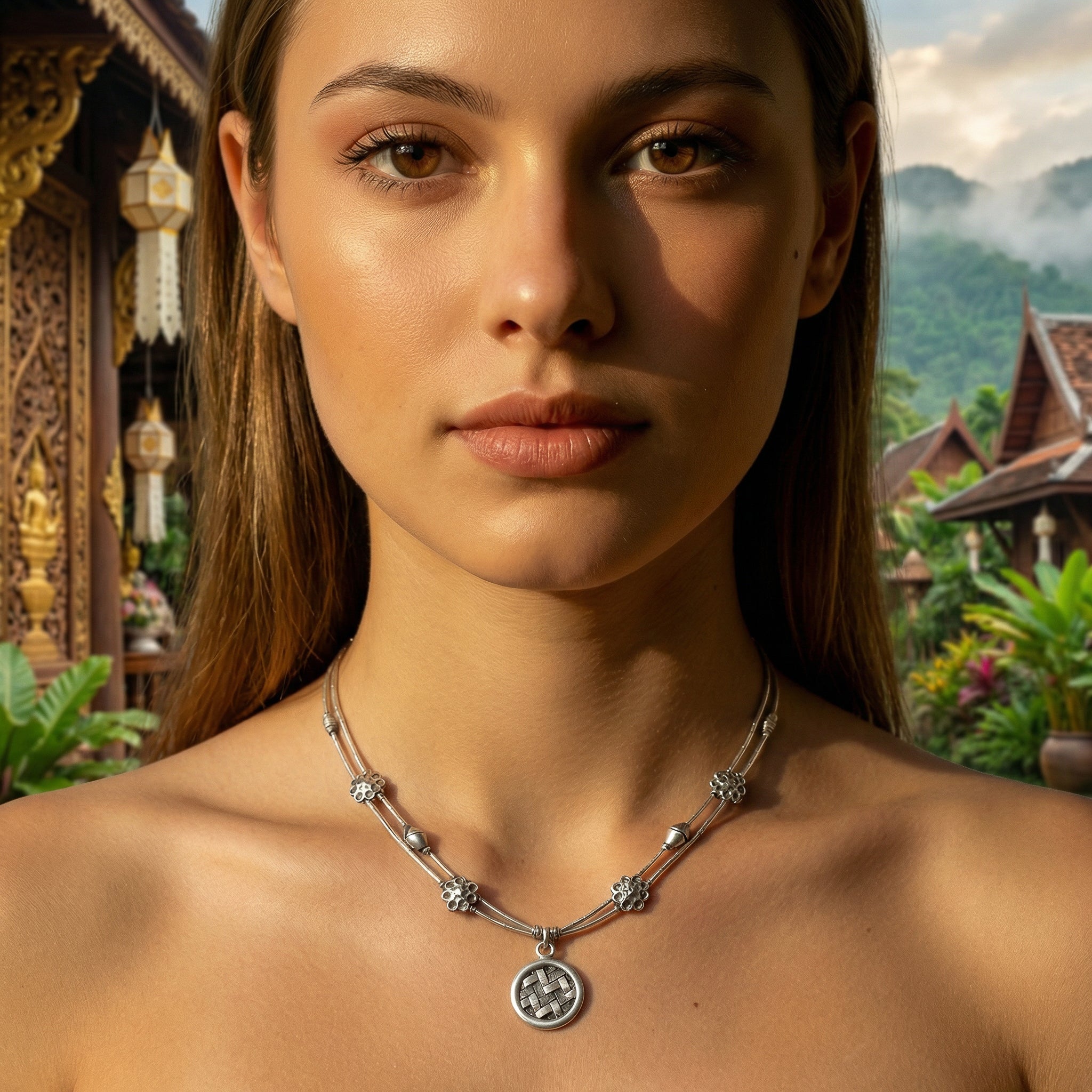 Mehrsträngige Halskette aus 98 % feinem Silber der Karen-Bergvölker mit Bambus-Anhänger in Korbform und Blütenarrangements, handgefertigter Schmuck