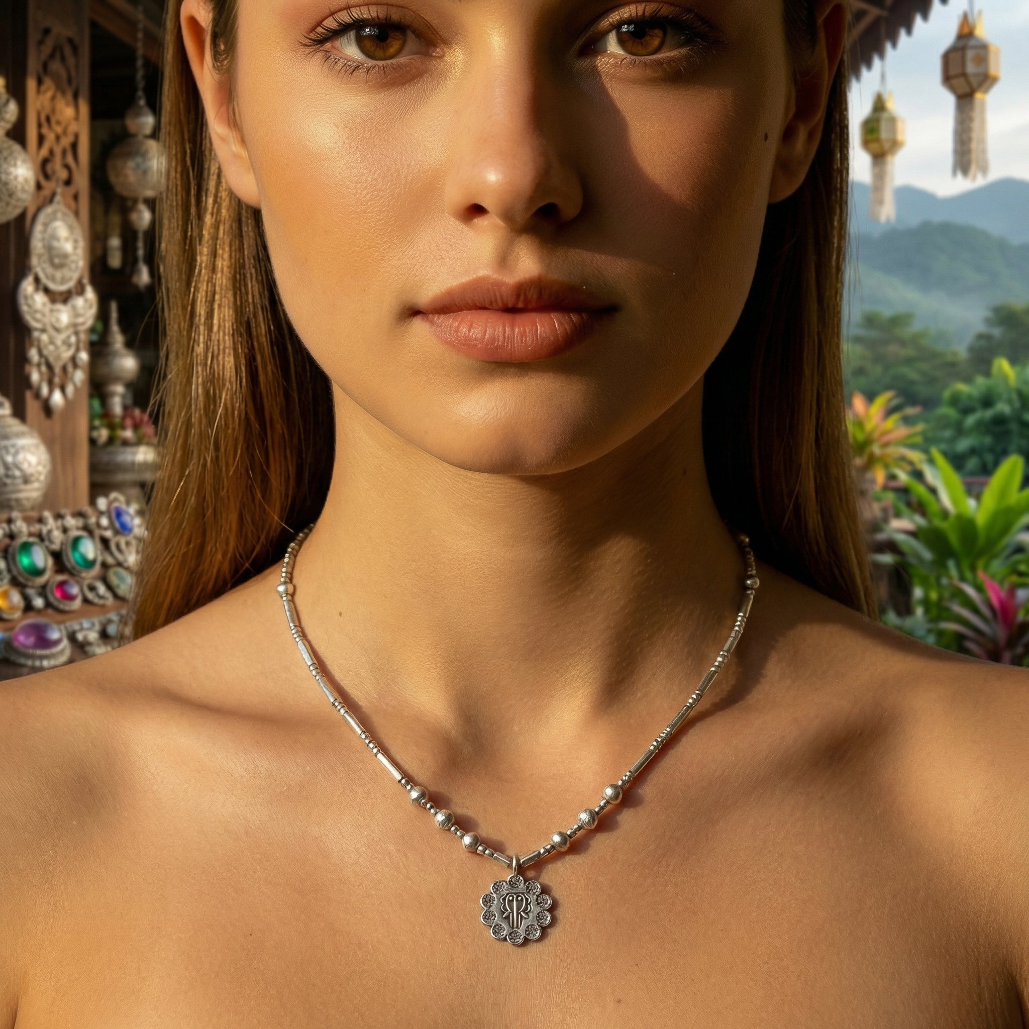 Halskette aus 98 % feinem Silber der Karen Hill Tribe mit einem Anhänger in Form einer Lotusblume, handgefertigter Schmuck