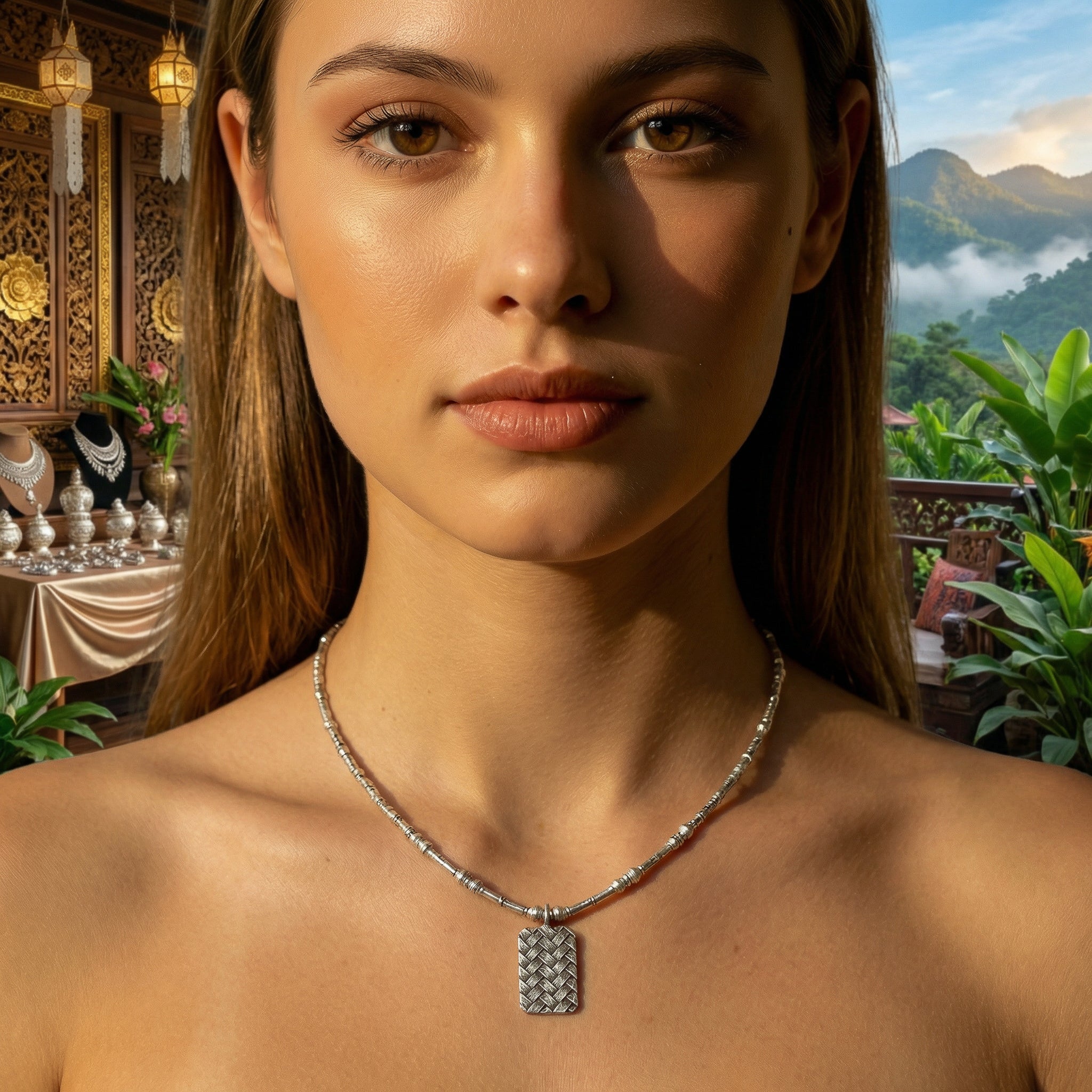 Halskette aus 98 % feinem Silber der Karen-Bergvölker mit rechteckigem, gewebtem Korbanhänger, handgefertigter Schmuck