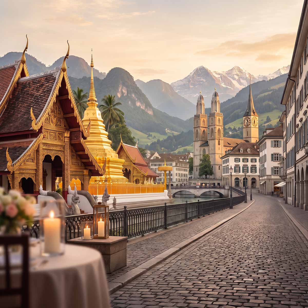 A scenic cobblestone street in a European town with traditional buildings, a golden temple spire, a church tower, mountains in the background, and warm evening light.