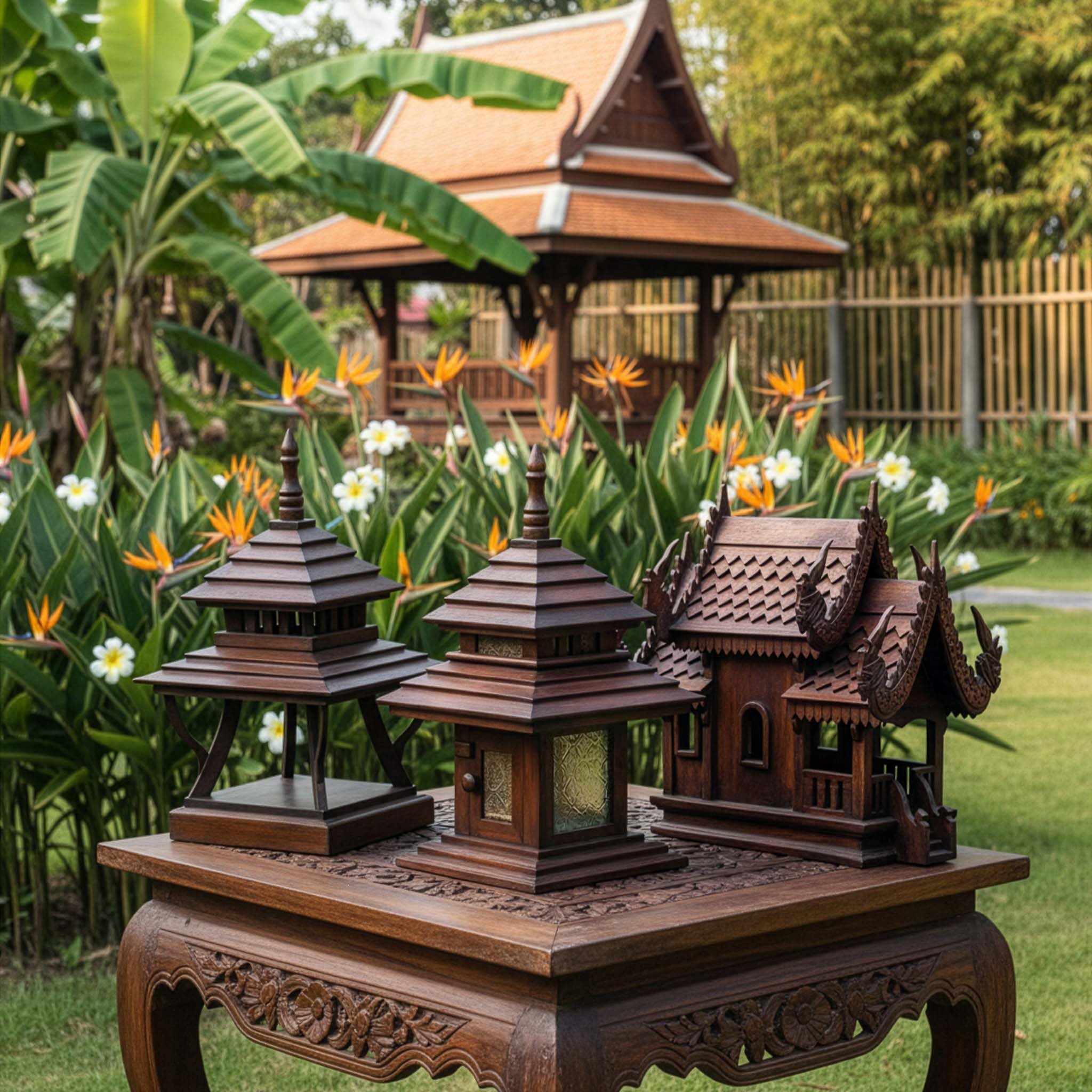 Wooden lanterns on a decorative stand with a gazebo and garden in the background