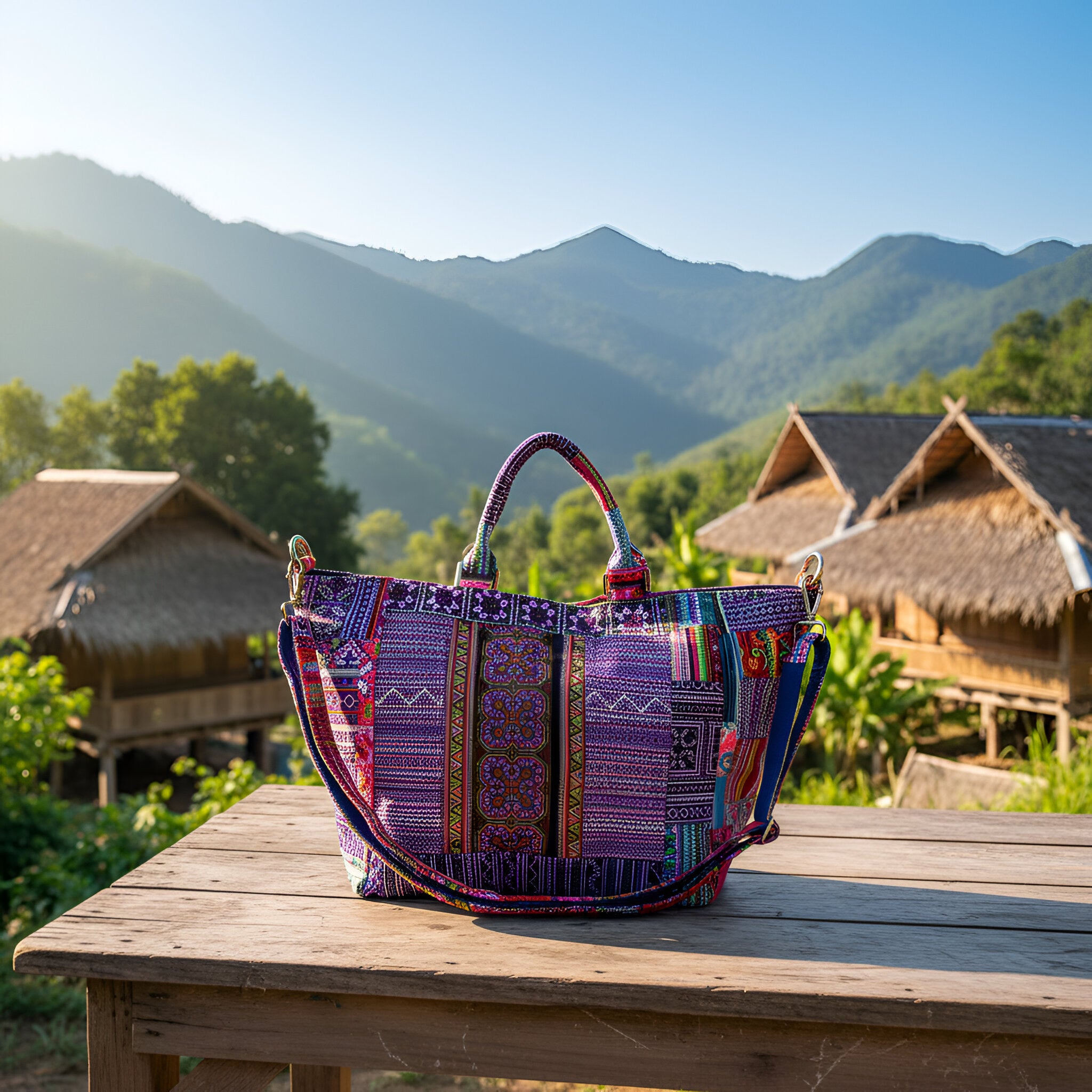 Sac cabas en tissu brodé à la main, motif tribu des montagnes