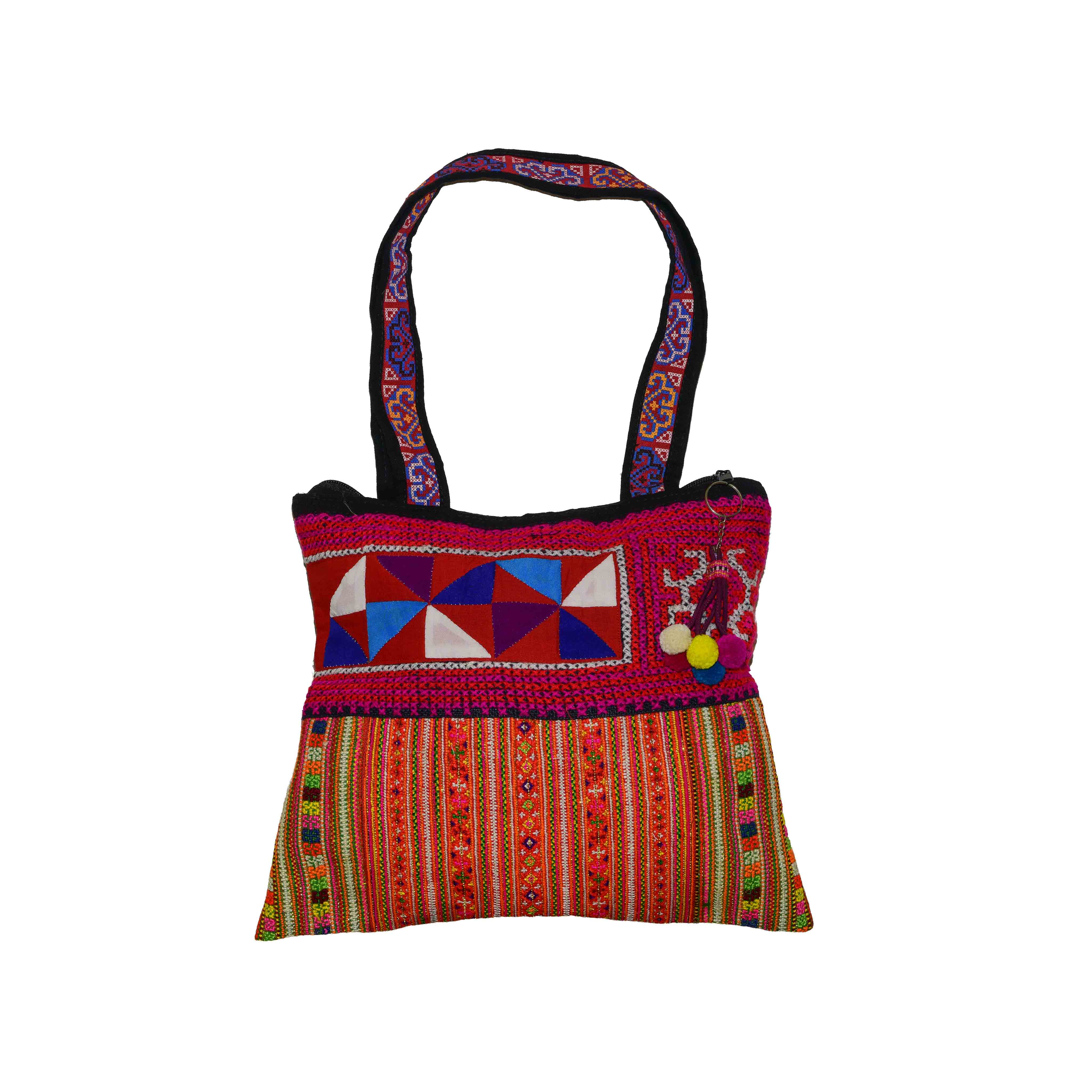 Sac bandoulière en tissu brodé à la main, style tribu des montagnes, orné de triangles géométriques superposés