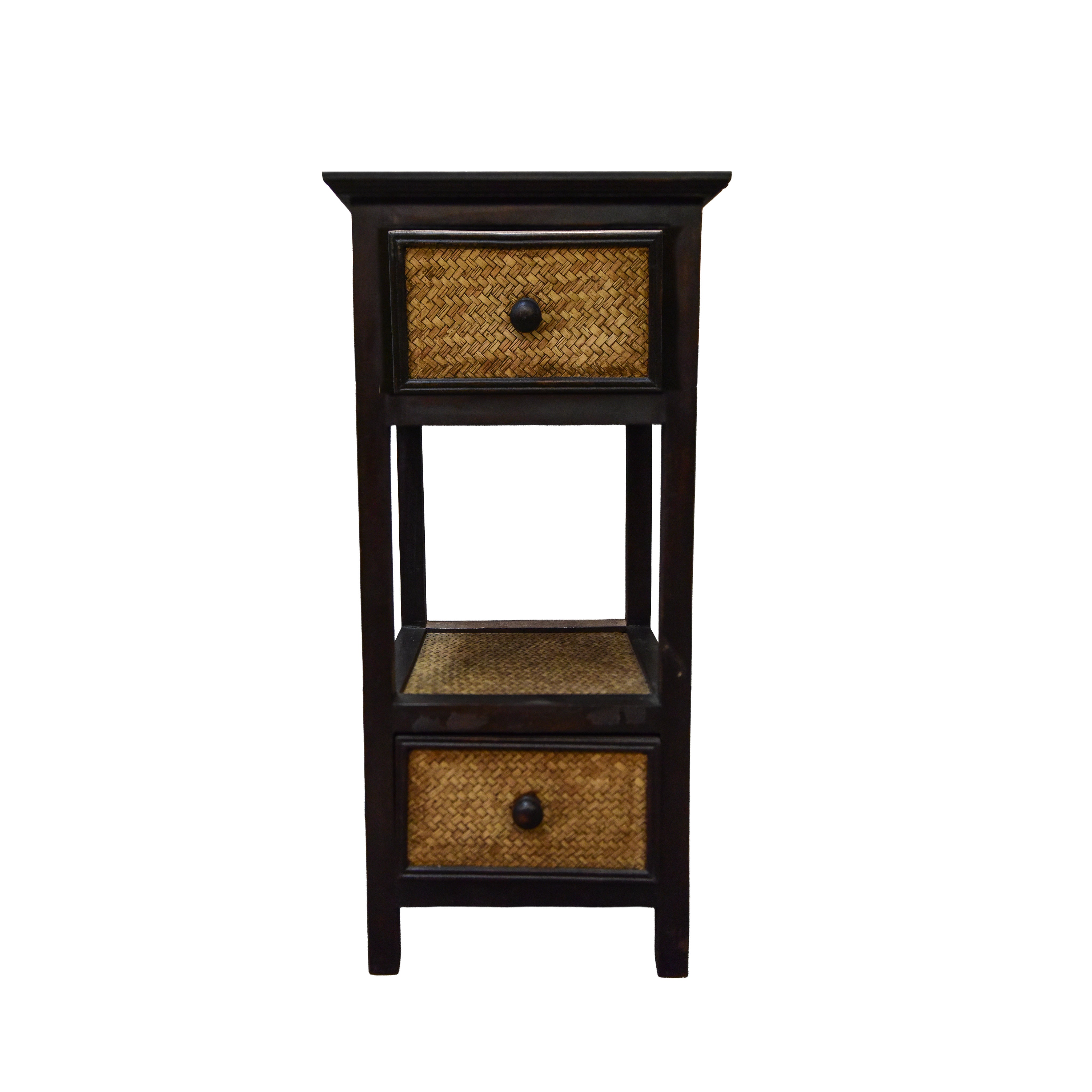 Schmale Konsole mit 2 Schubladen aus massivem thailändischem Hartholz mit geflochtenem Bambus