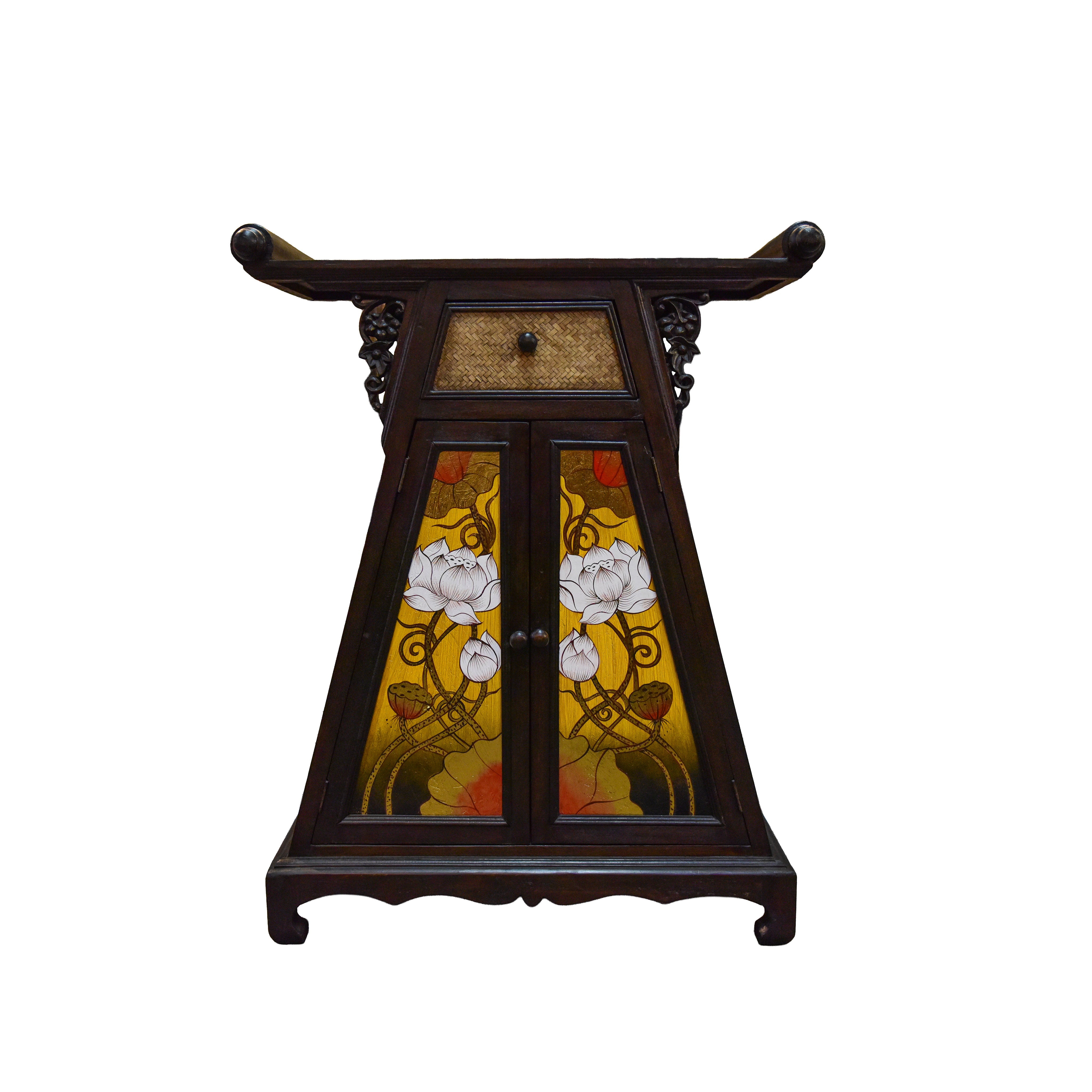 Cabinet in Solid Thai Hardwood with Hand-Painted Panels and Woven Bamboo