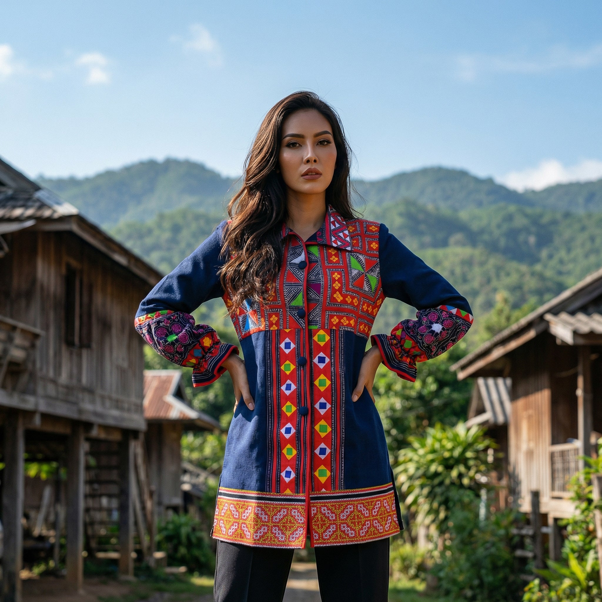 Modernes Hmong-Jackenkleid handbestickt mit leuchtendem Stammesdruck