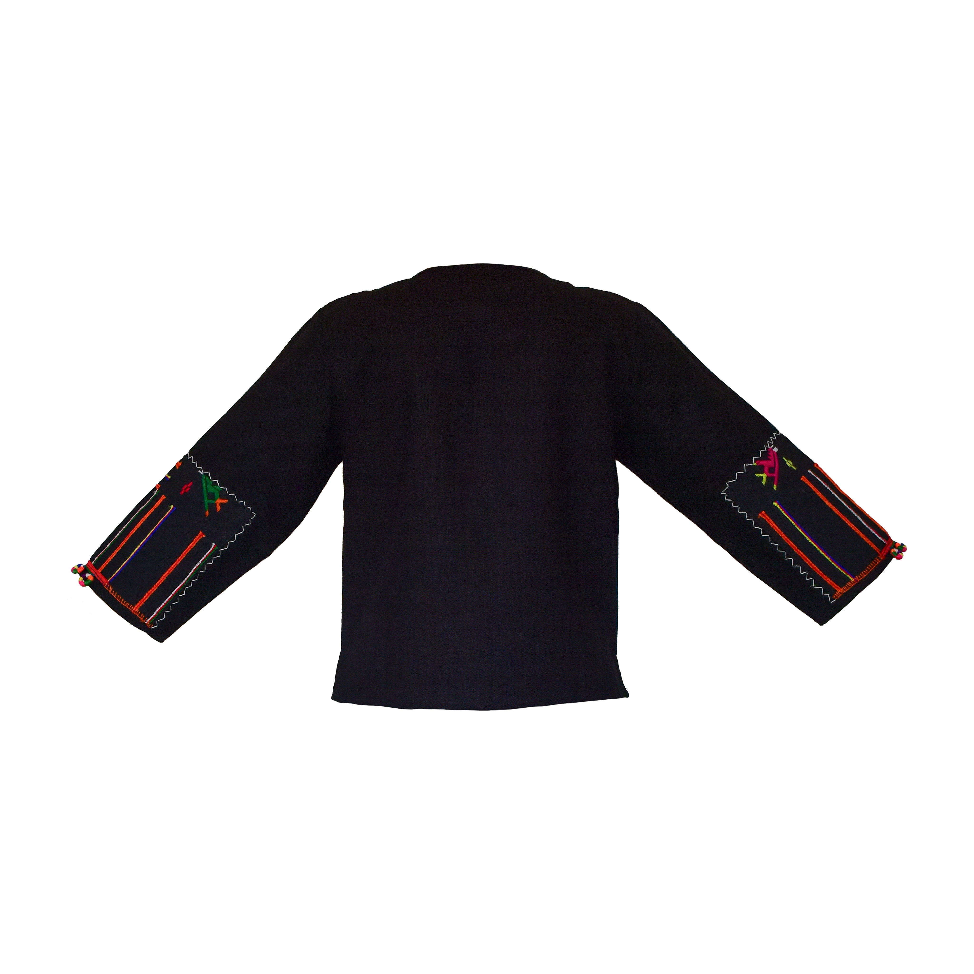 Moderne Hmong-Hanfjacke, schwarz mit besticktem Paneel und passenden Ärmelbündchen