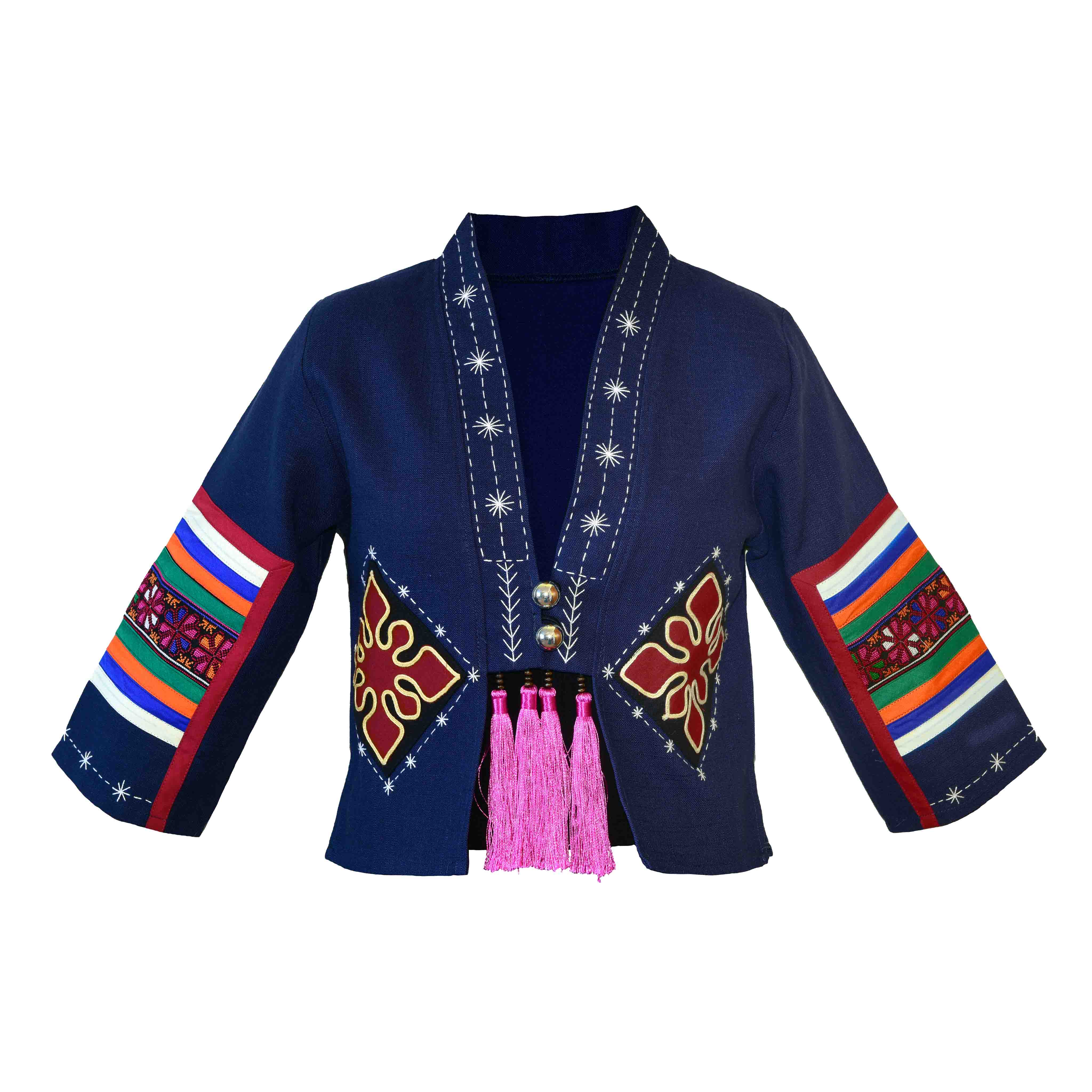 Veste en chanvre Hmong style moderne avec broderie décorative à points cousus main - Bleu marine
