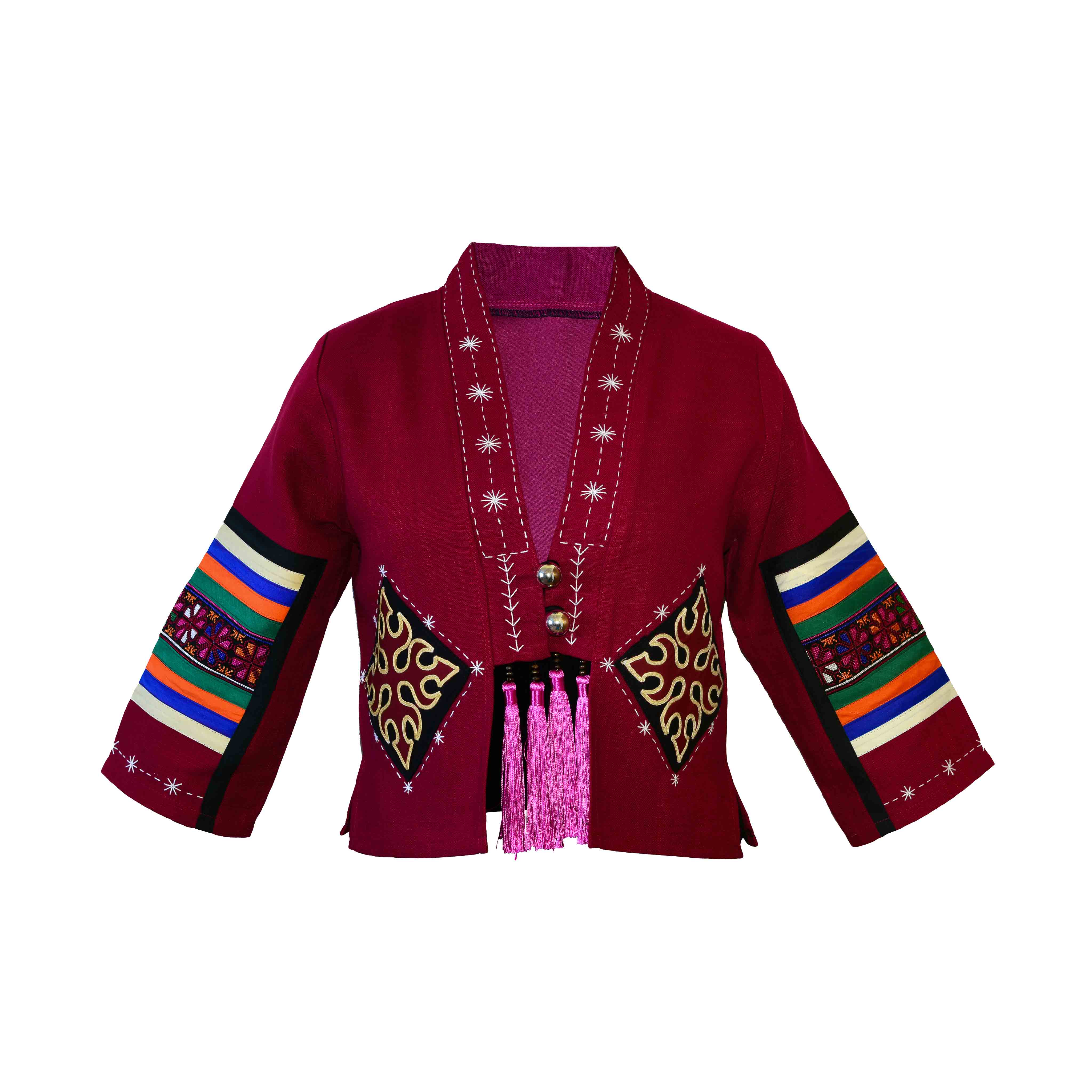 Veste en chanvre Hmong style moderne broderie décorative à points cousus main - Rouge