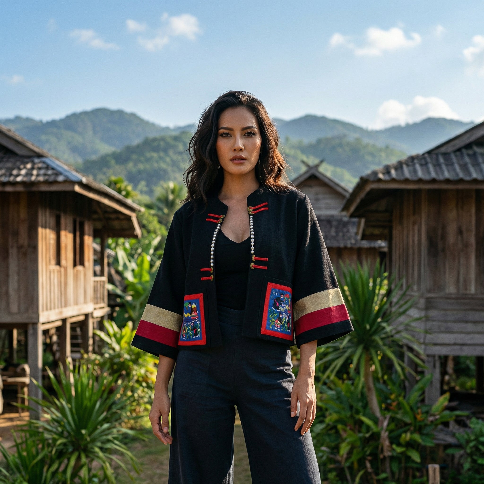 Moderne Hmong-Hanfjacke mit Stickereipaneelen