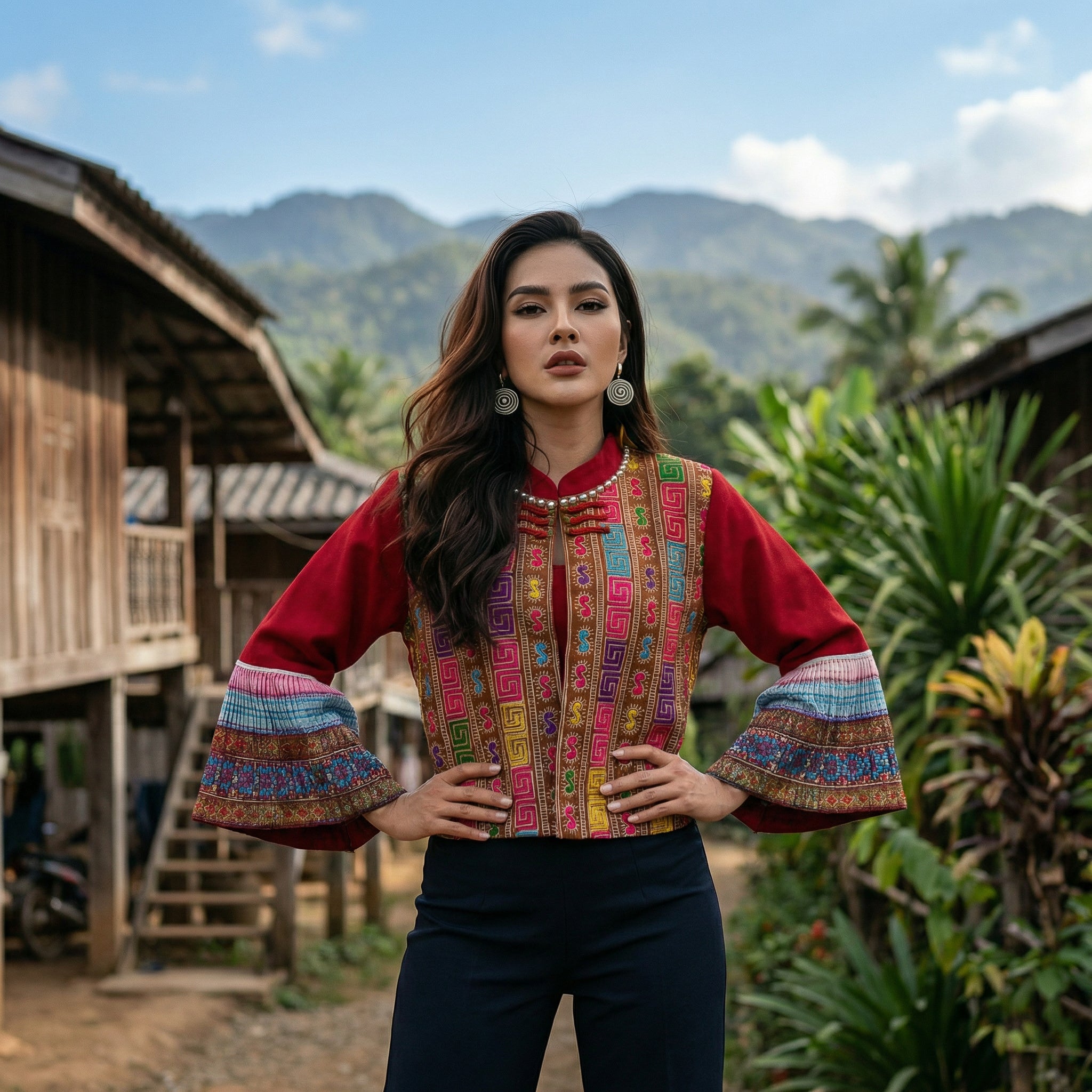Moderne Hmong-Hanfjacke mit Stickerei-Panels und Glockenärmeln