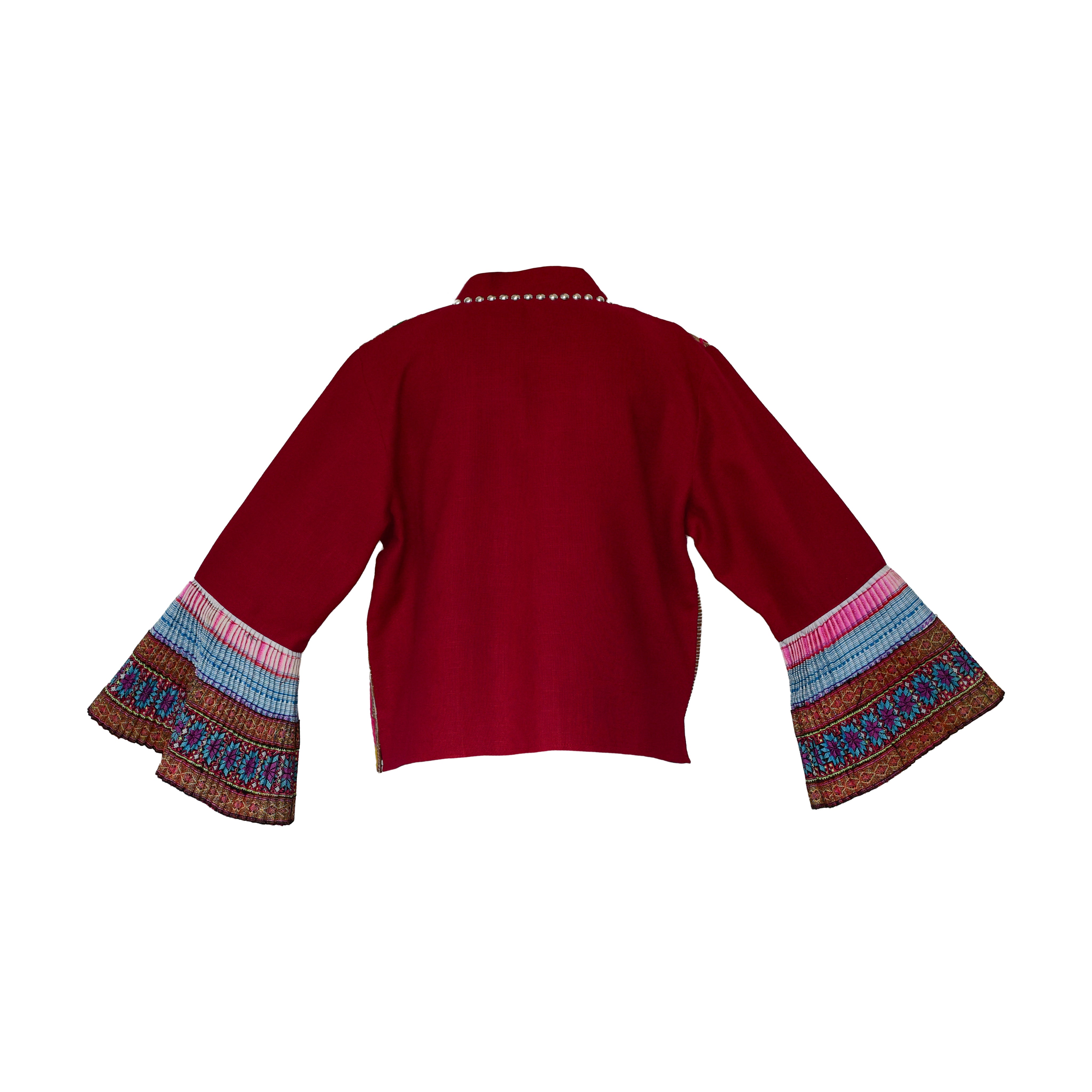 Moderne Hmong-Hanfjacke mit Stickerei-Panels und Glockenärmeln