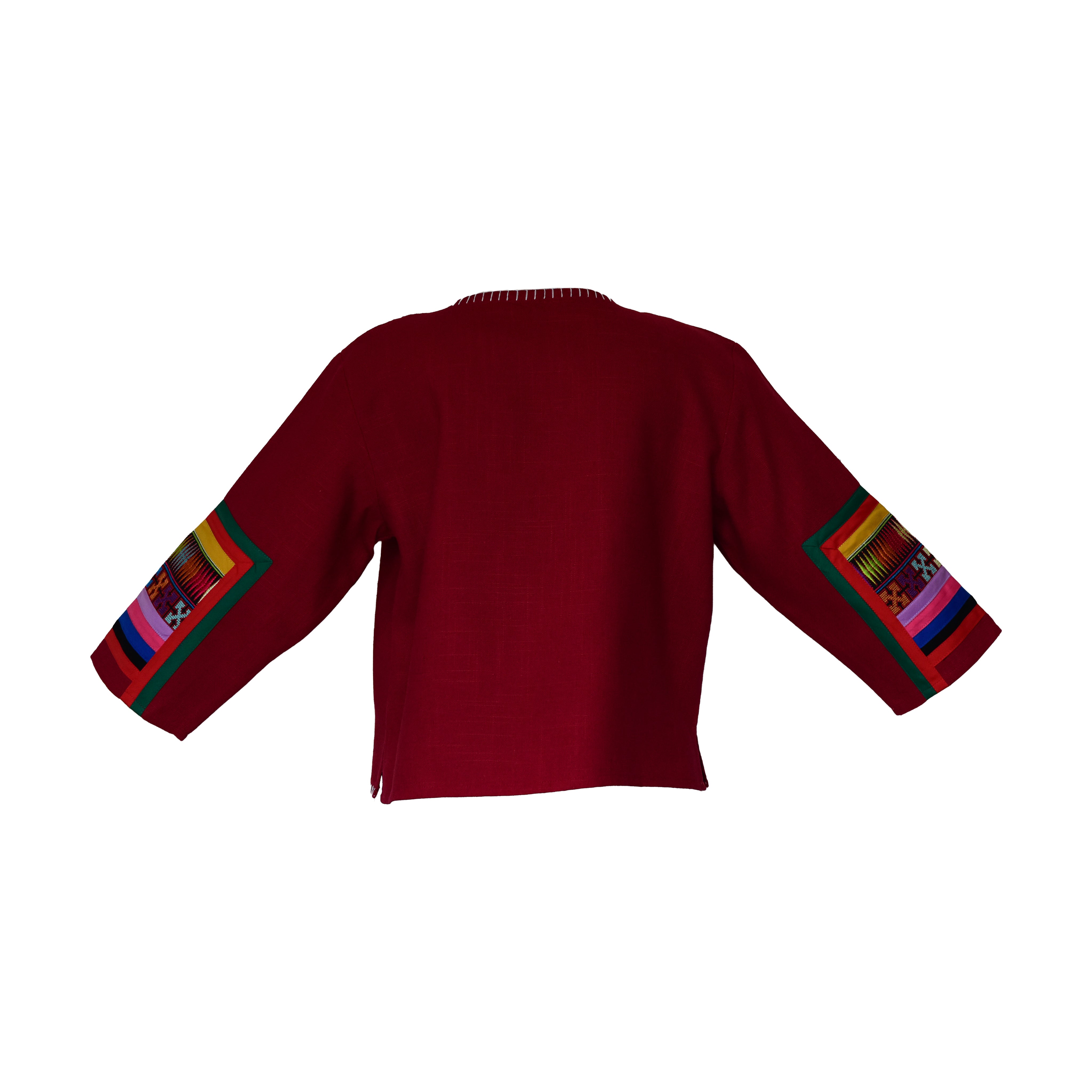 Moderne Hmong-Hanfjacke mit großem zentralem geometrischem Stickereipanel