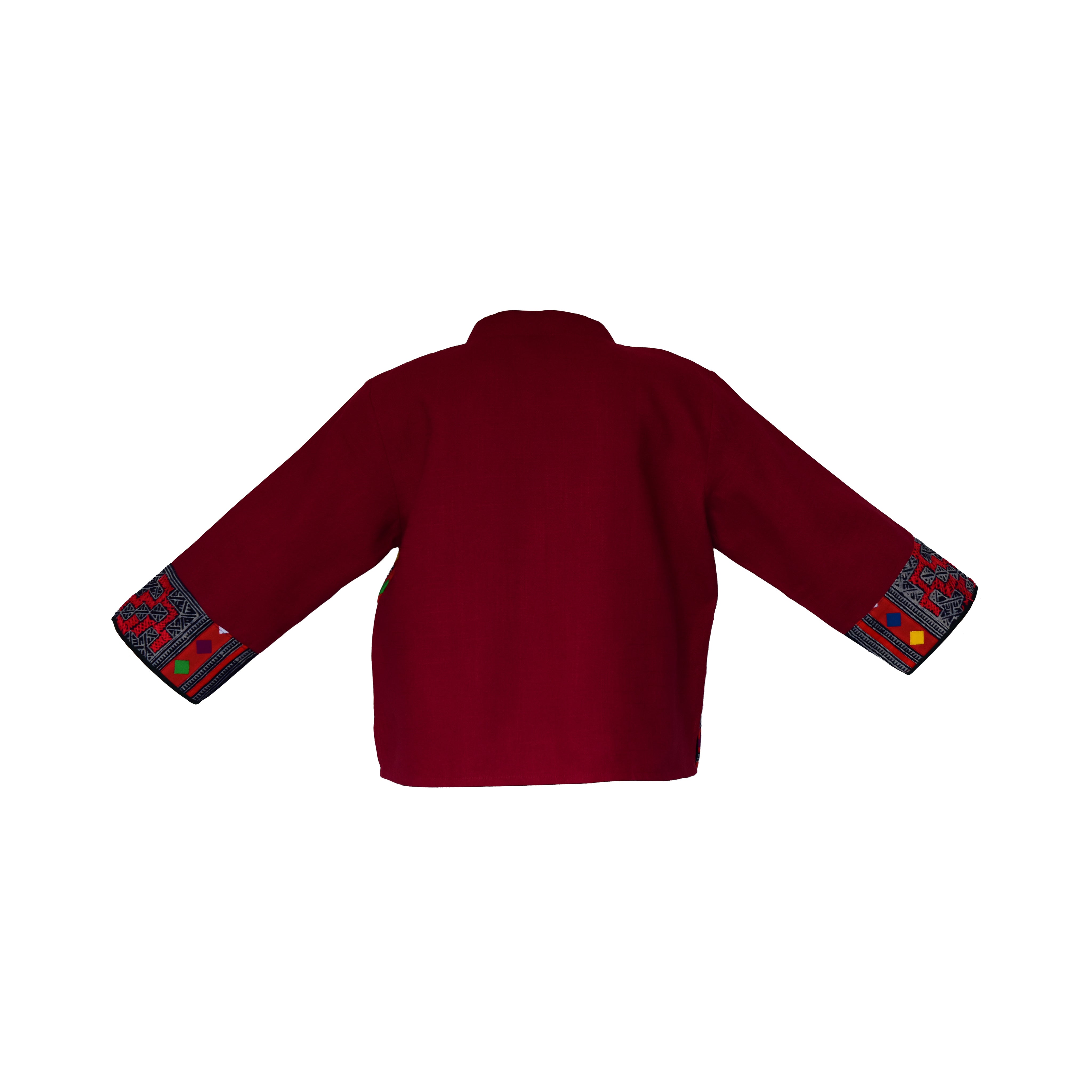 Moderne Hmong-Hanfjacke mit geometrischer Multicolor-Stickerei und passenden Ärmelbündchen