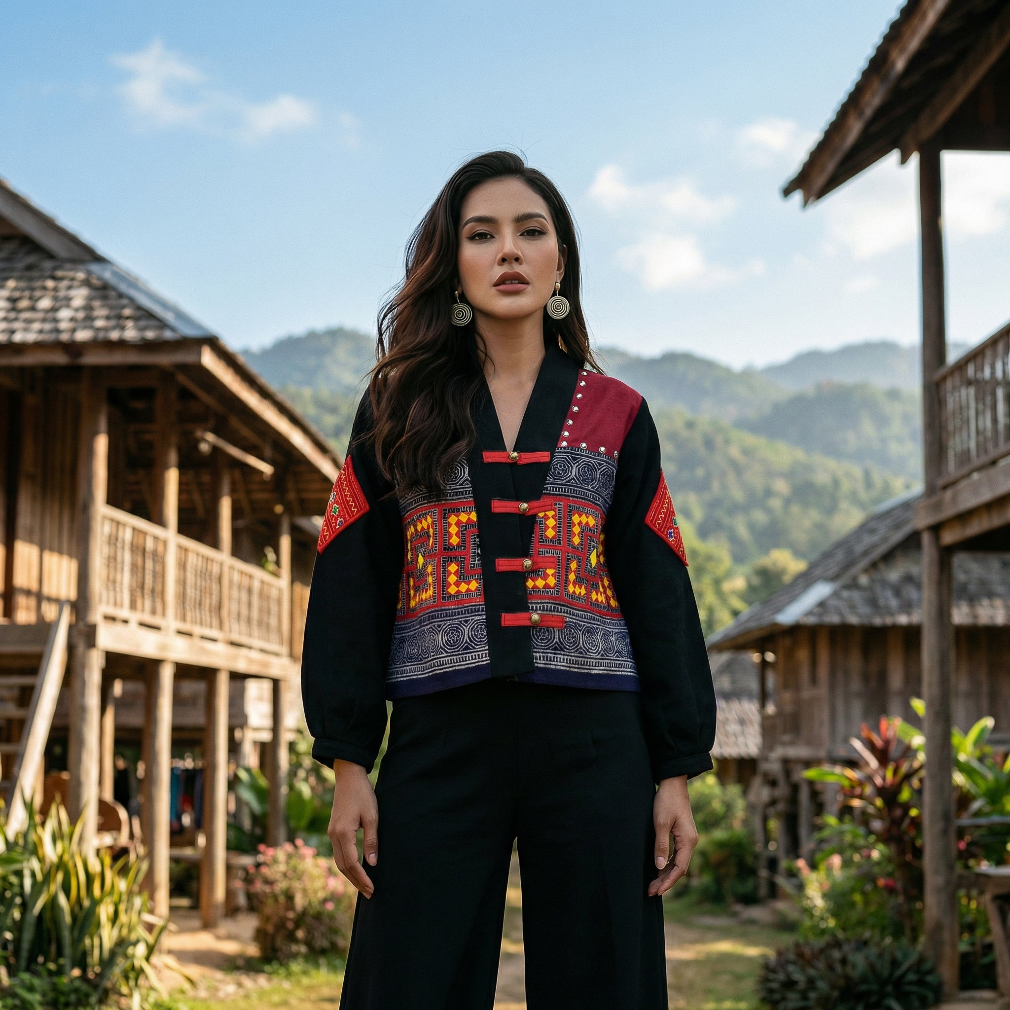 Moderne Hmong-Hanfjacke mit mehrfarbiger geometrischer Stickerei und roten Froschverschlüssen