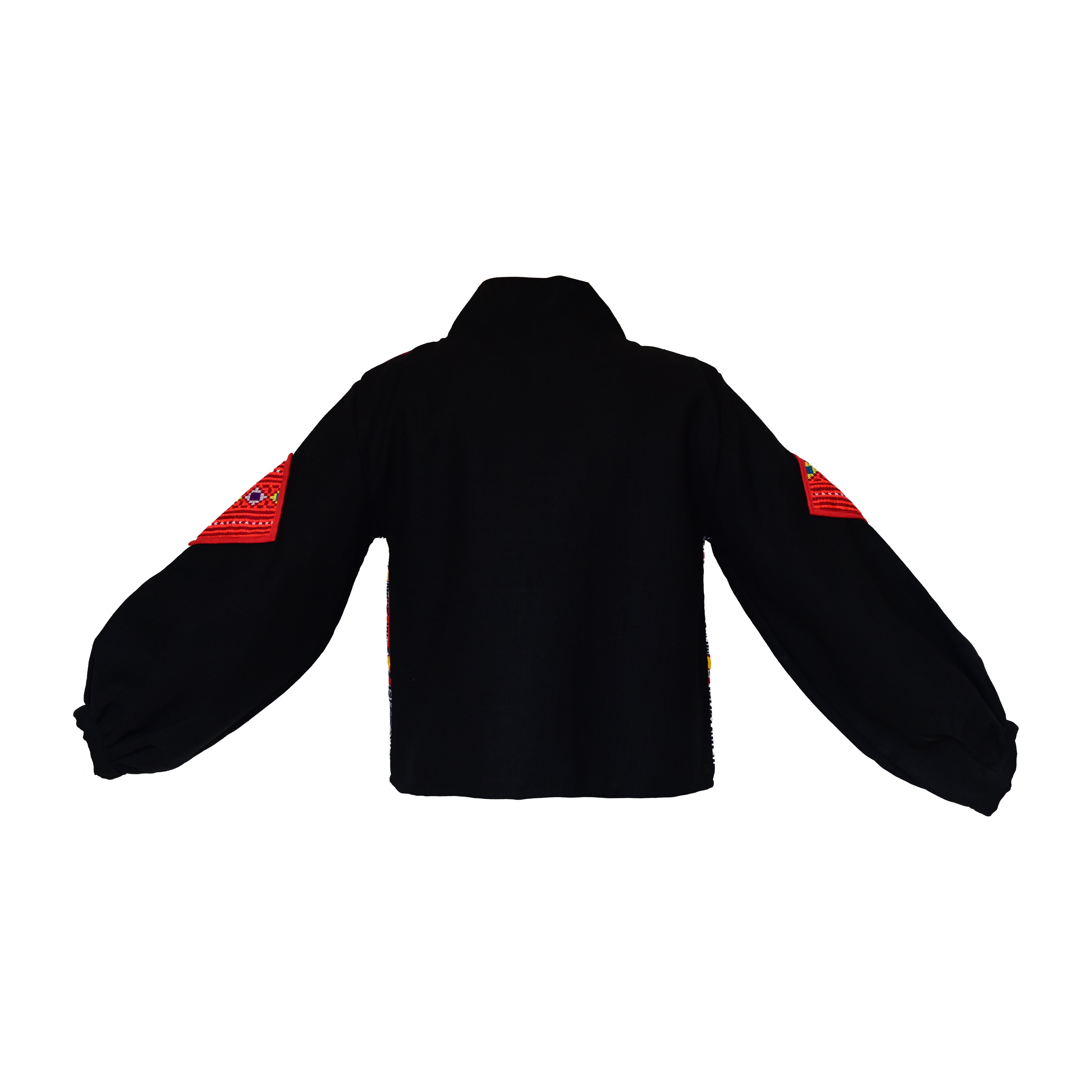 Moderne Hmong-Hanfjacke mit mehrfarbiger geometrischer Stickerei und roten Froschverschlüssen