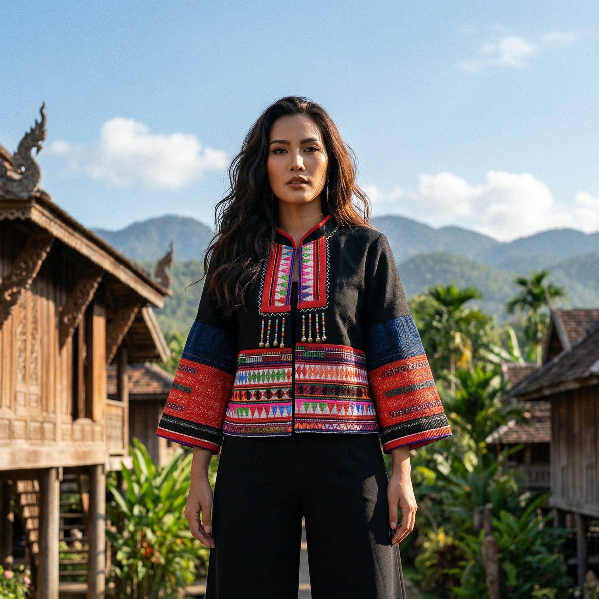 Moderne Hmong-Hanfjacke mit lebhaften, mehrfarbigen Stickereifeldern und Glockenärmeln