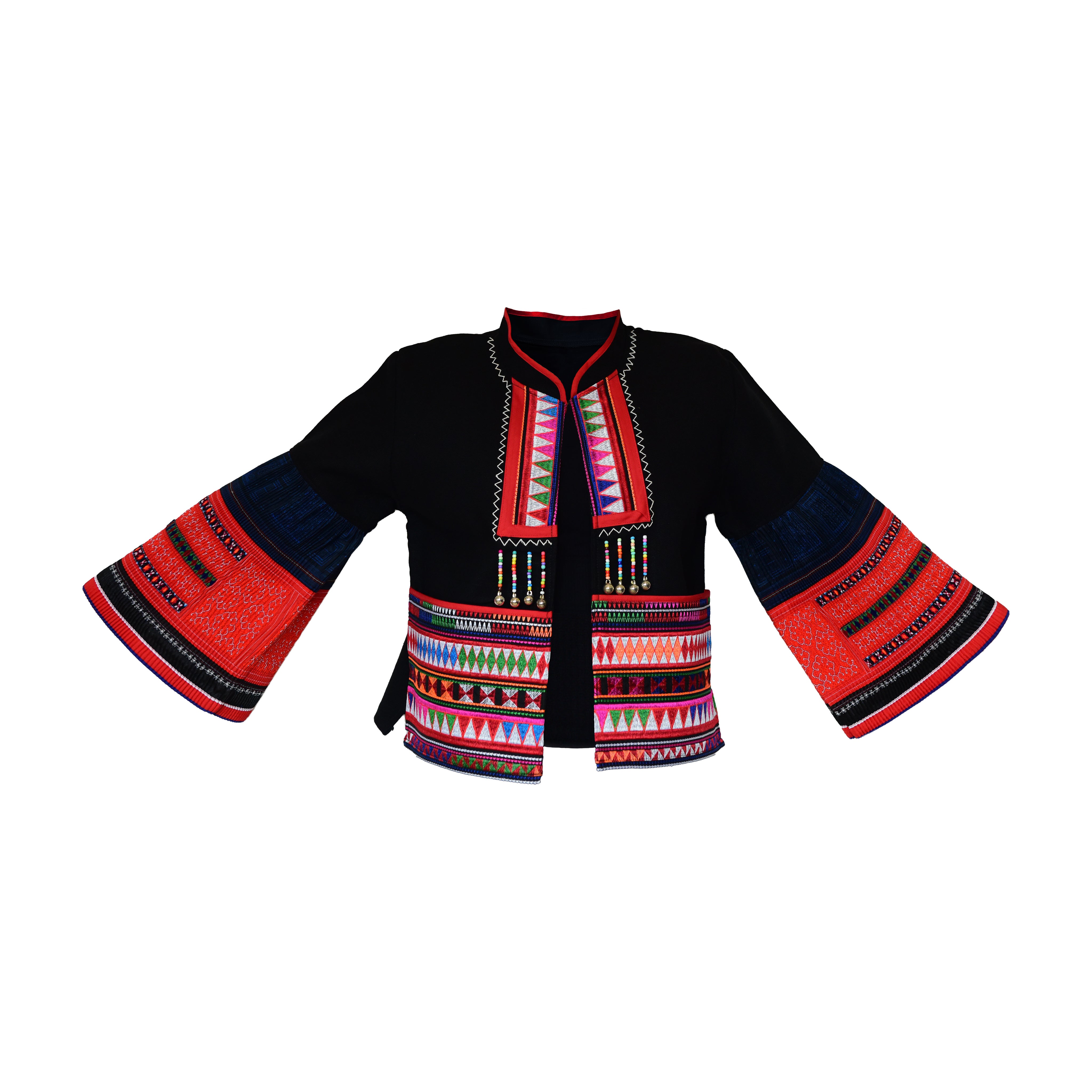 Moderne Hmong-Hanfjacke mit lebhaften, mehrfarbigen Stickereifeldern und Glockenärmeln