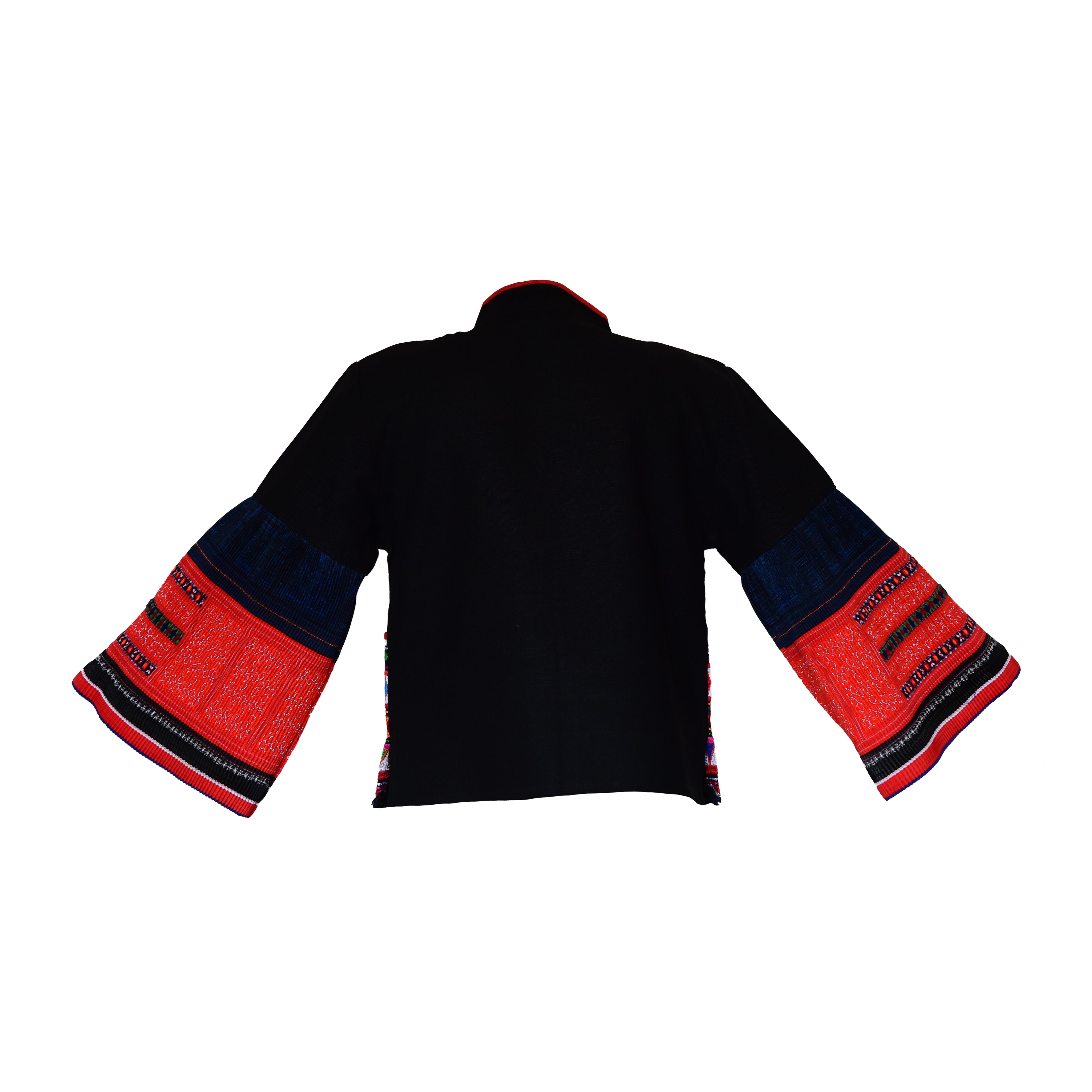 Moderne Hmong-Hanfjacke mit lebhaften, mehrfarbigen Stickereifeldern und Glockenärmeln