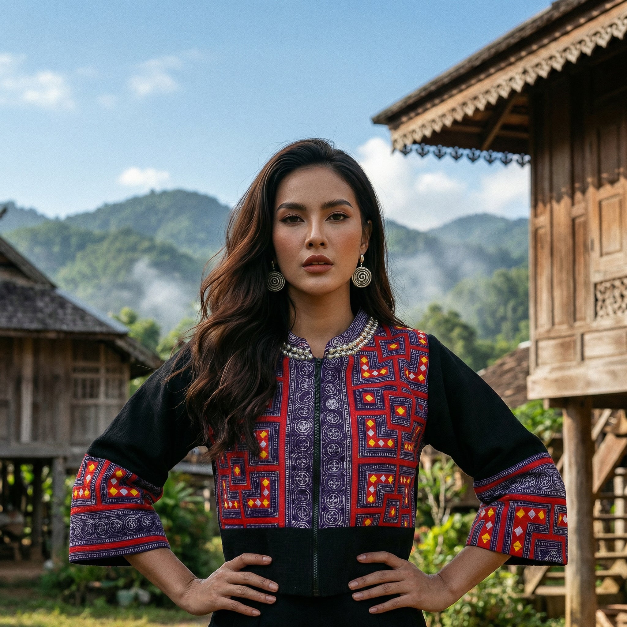 Moderne Hmong-Hanfjacke mit Reissverschluss, schwarz