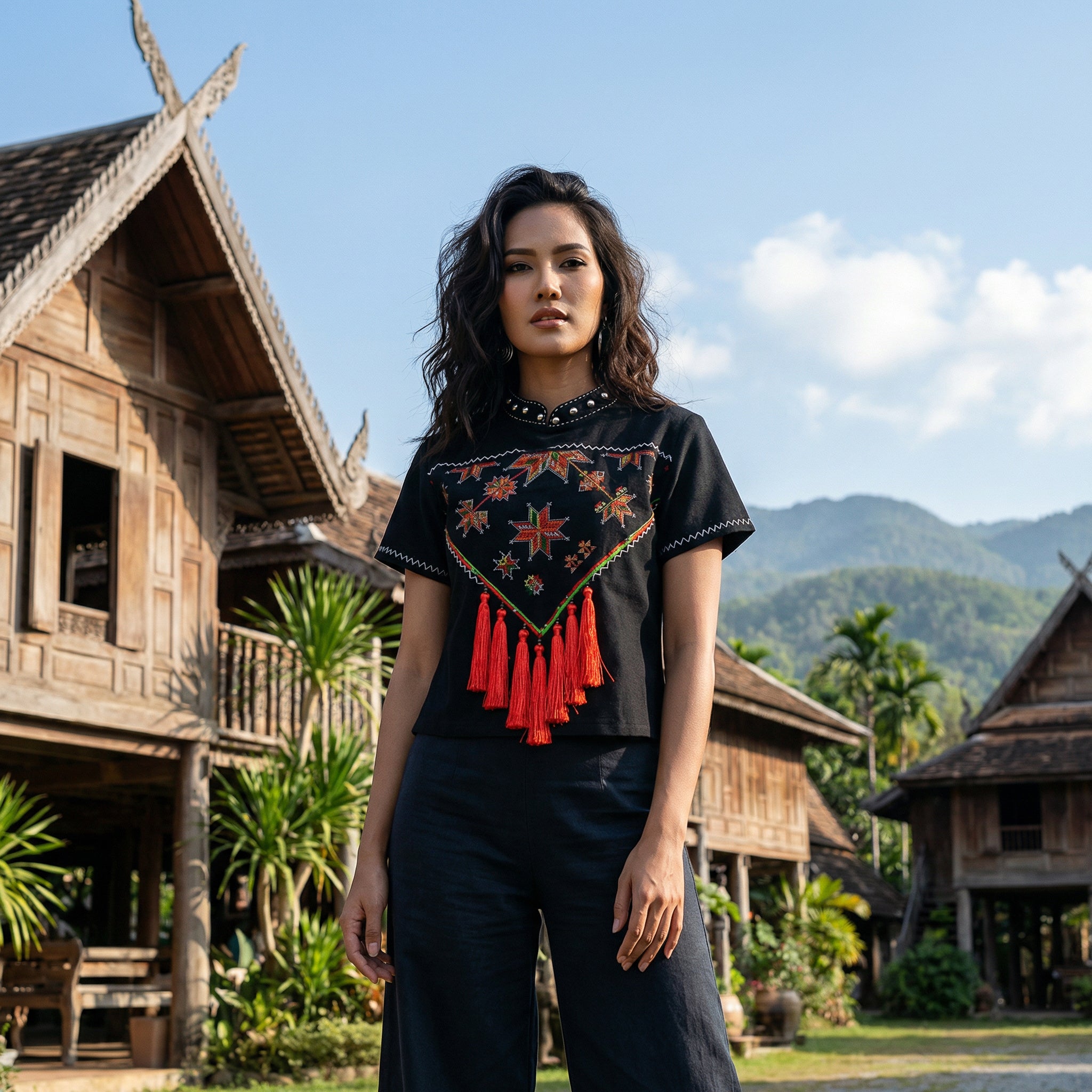 Modern-Style Hmong Hemp Top Short Sleves Black