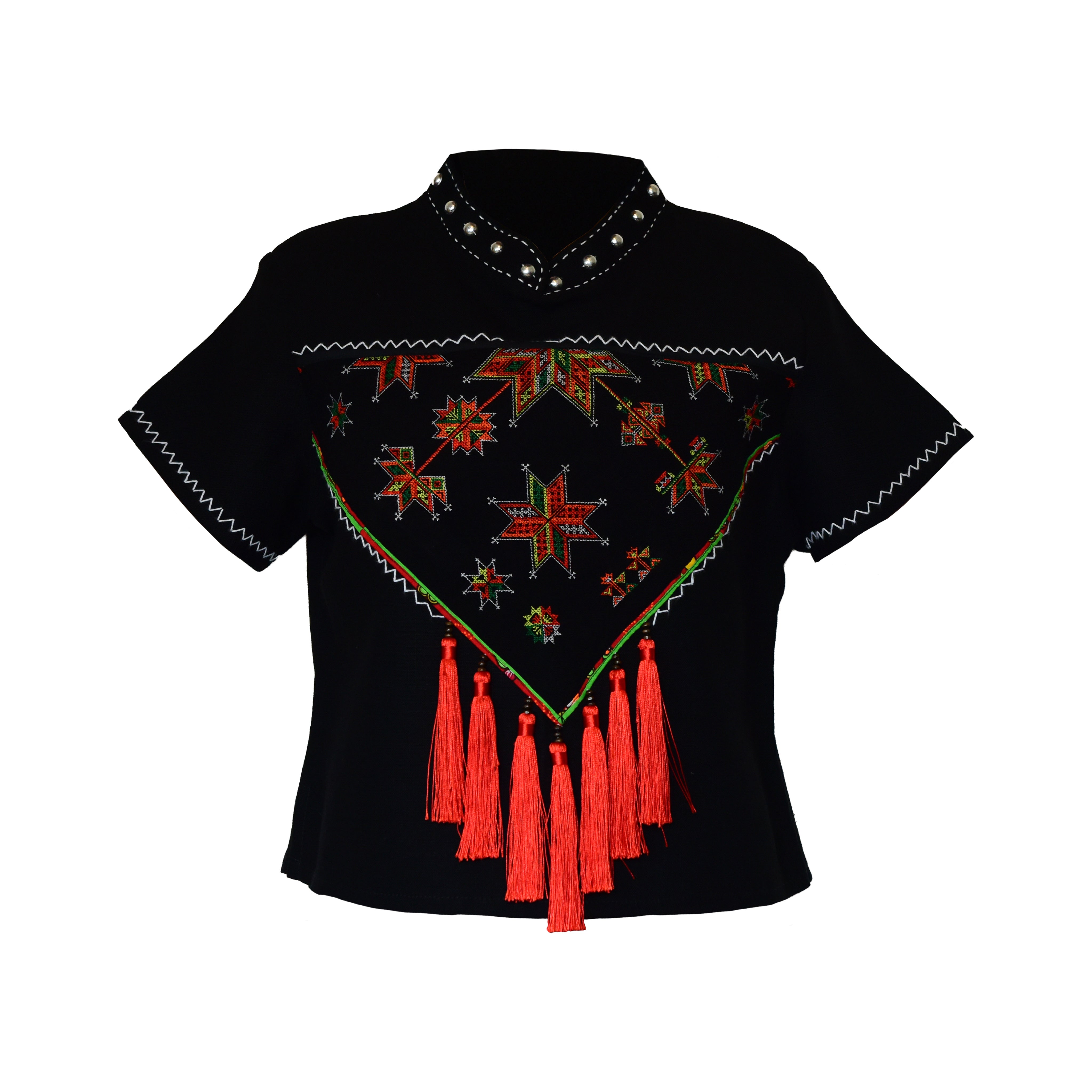 Modern-Style Hmong Hemp Top Short Sleves Black