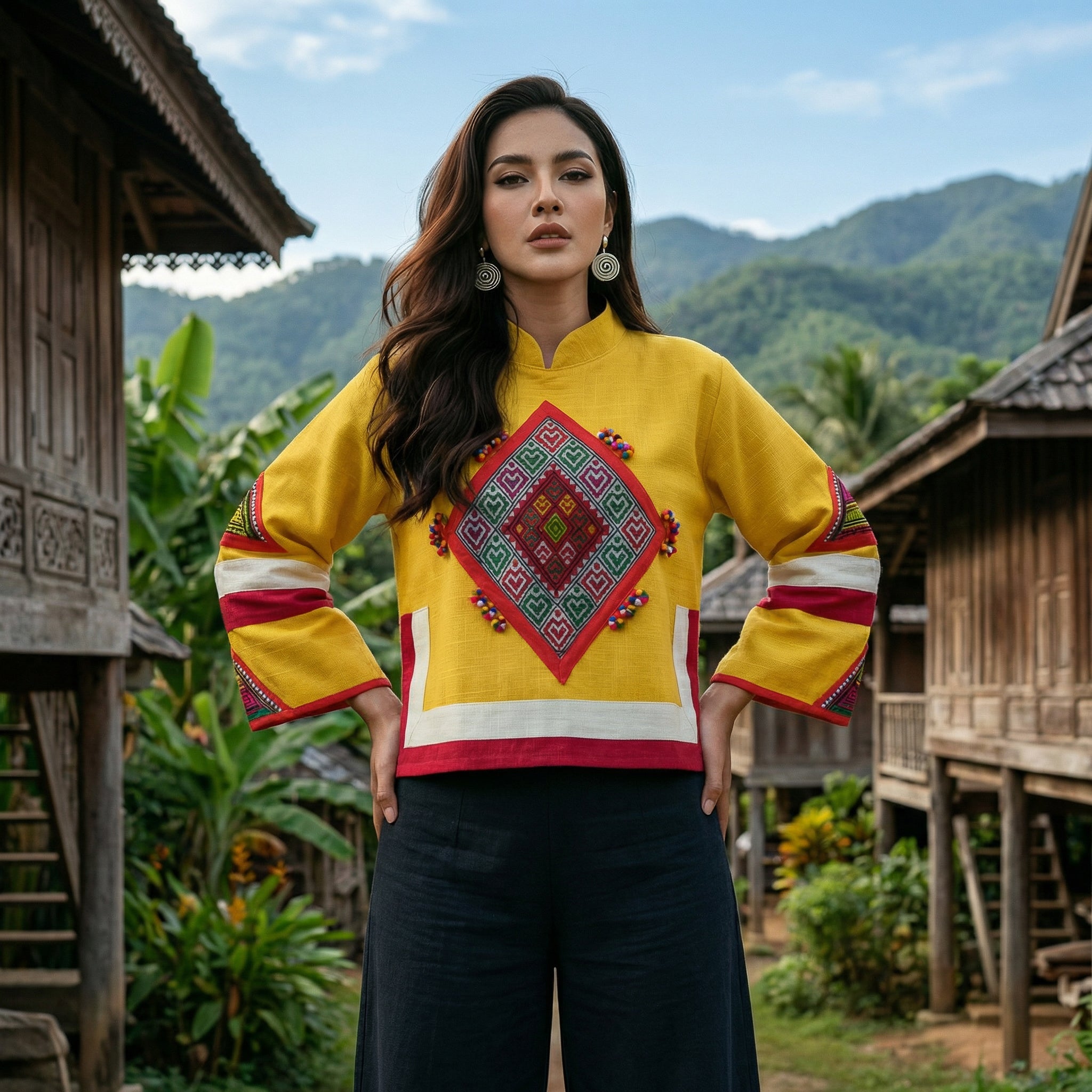 Modern-Style Hmong Hemp Top - Yellow