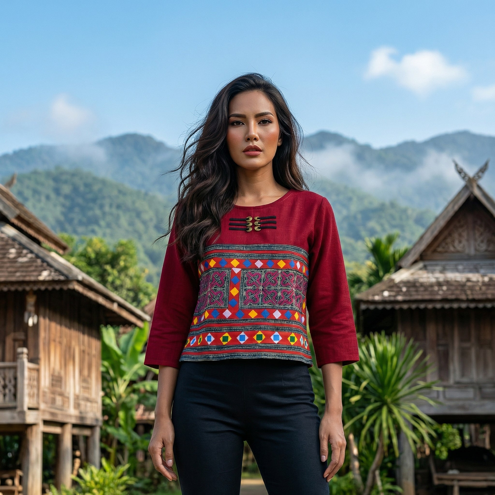 Modern-Style Hmong Hemp Top with Colorful Geometric Embroidery Band