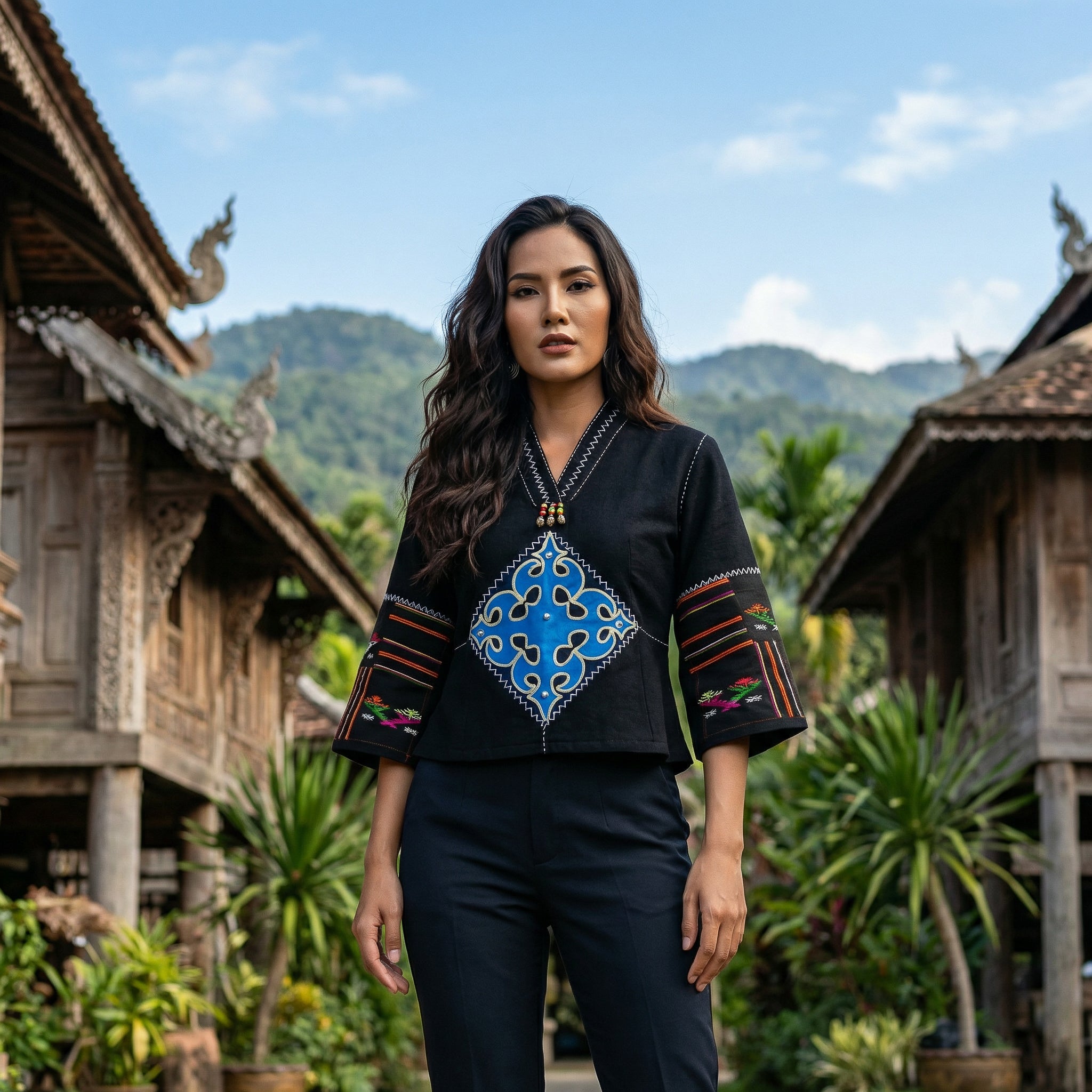 Modern-Style Hmong Hemp Top with Large Blue Diamond Embroidery Panel