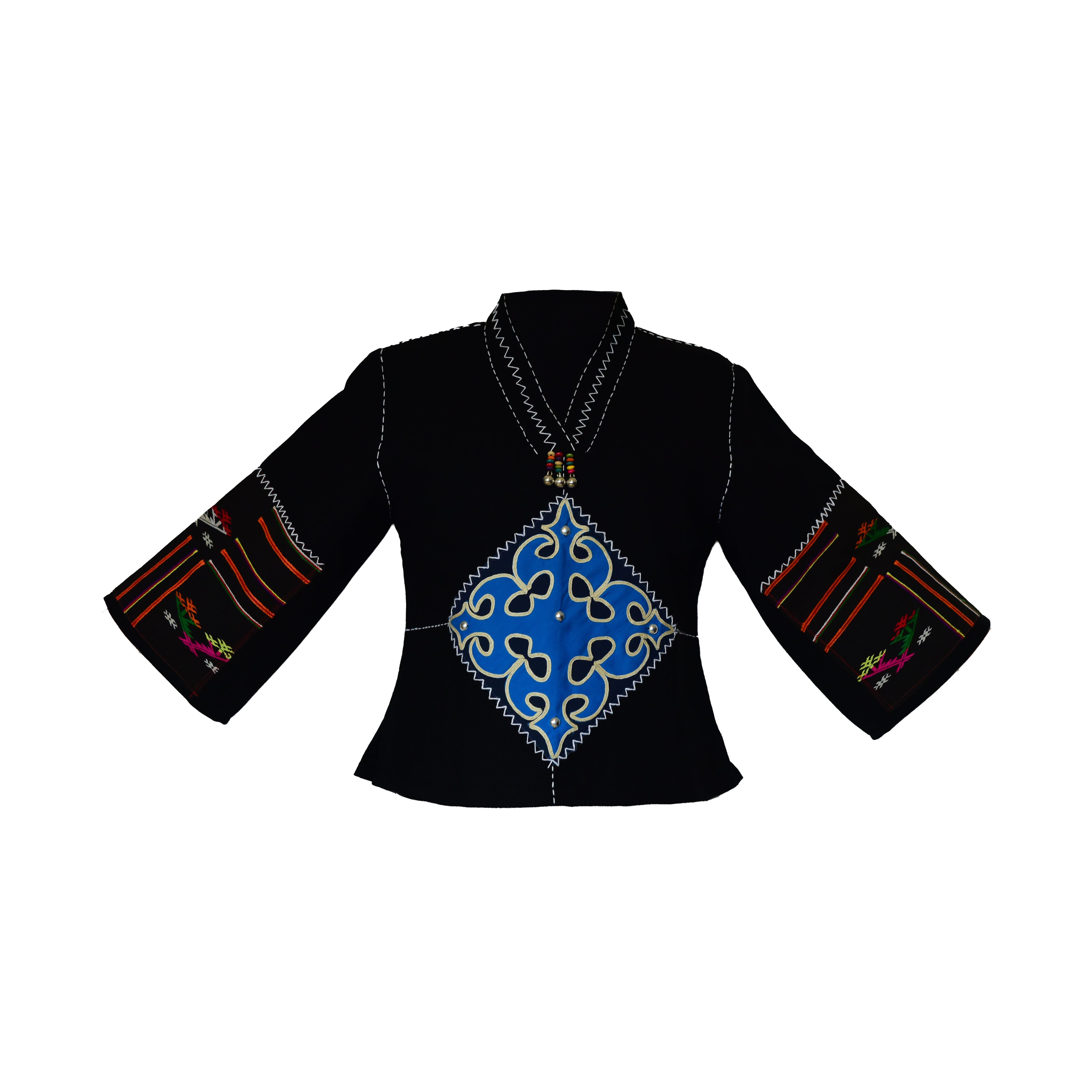 Modern-Style Hmong Hemp Top with Large Blue Diamond Embroidery Panel
