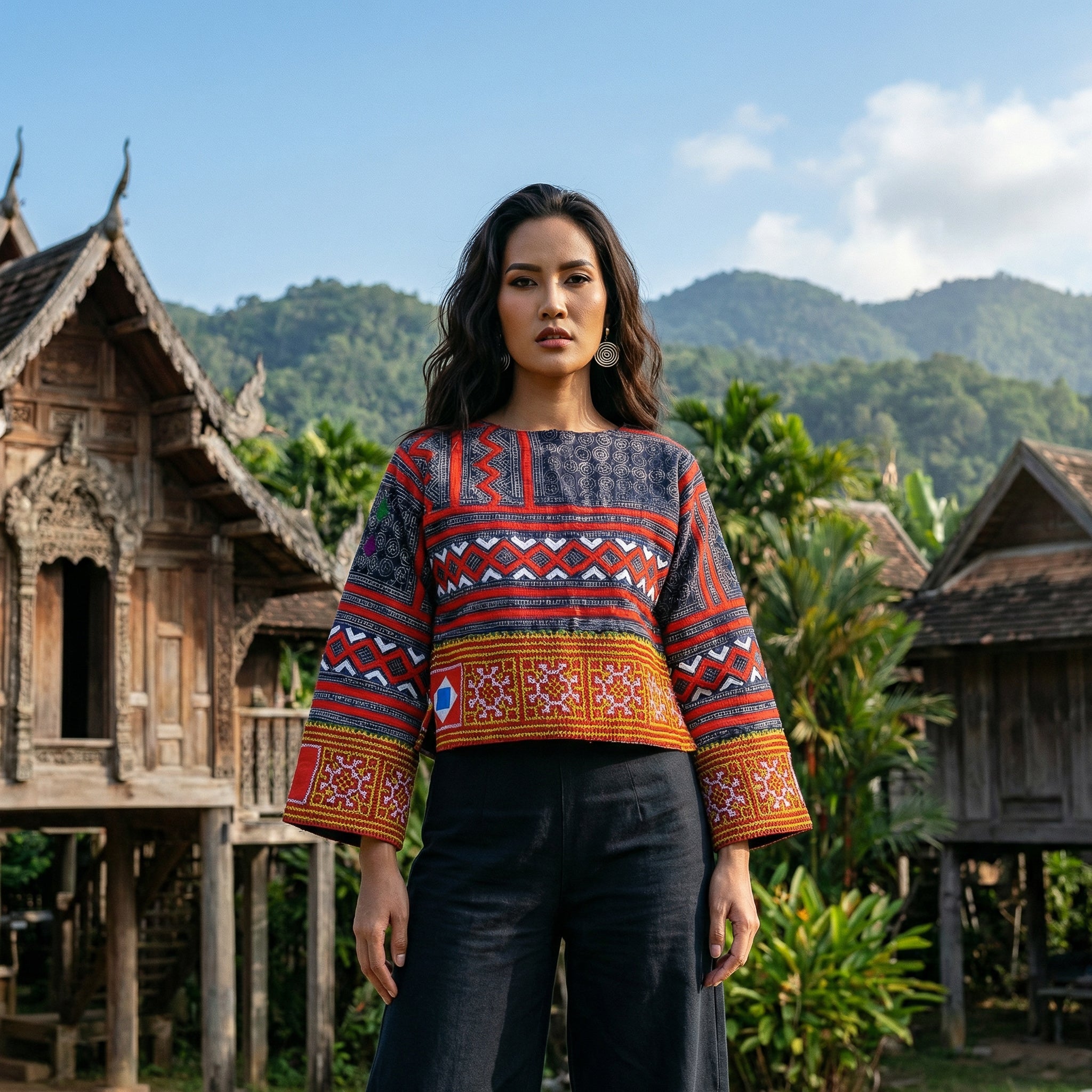 Modern-Style Hmong Hemp Top with Multicolor Geometric Patterns and Embroidered Sleeve Cuffs