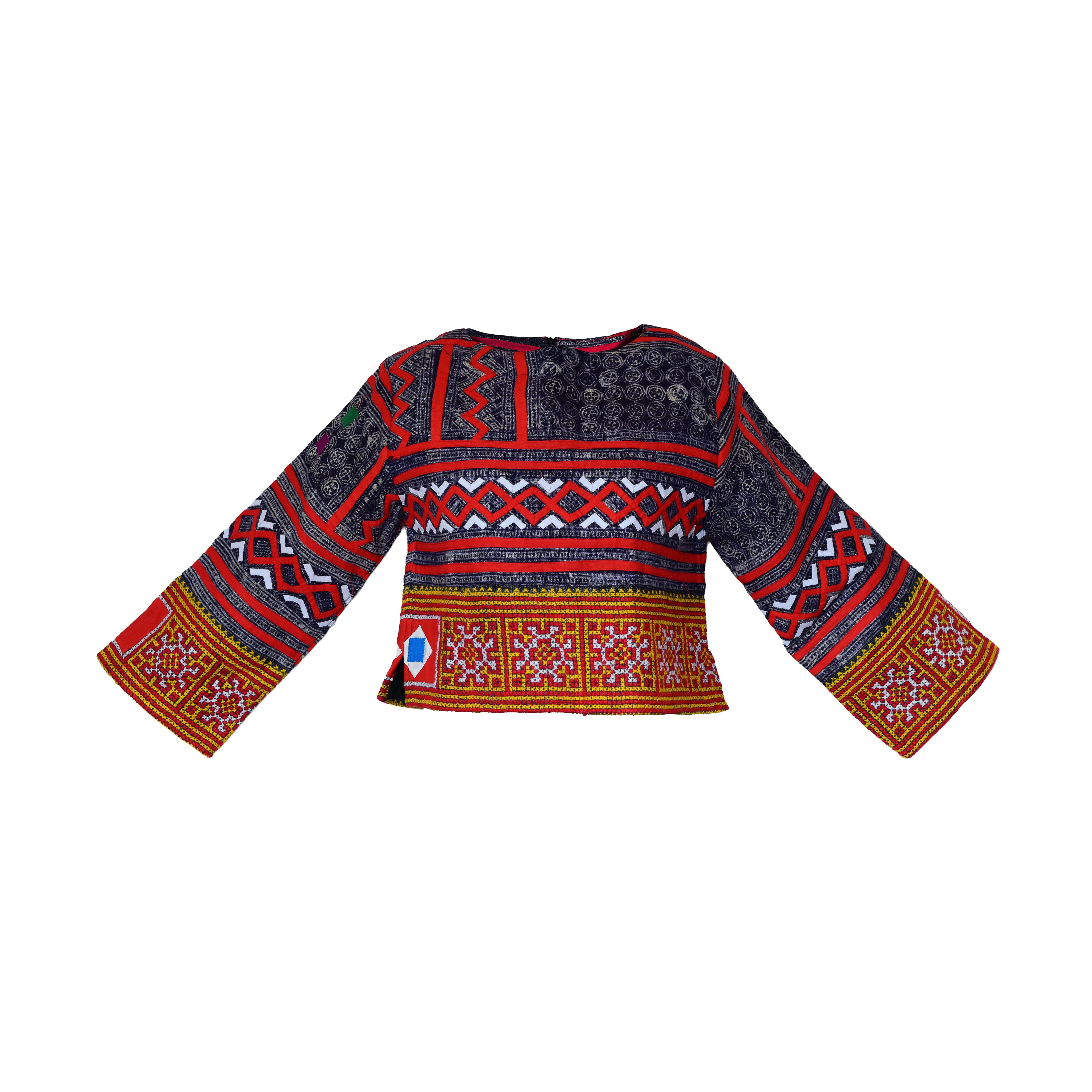 Modern-Style Hmong Hemp Top with Multicolor Geometric Patterns and Embroidered Sleeve Cuffs
