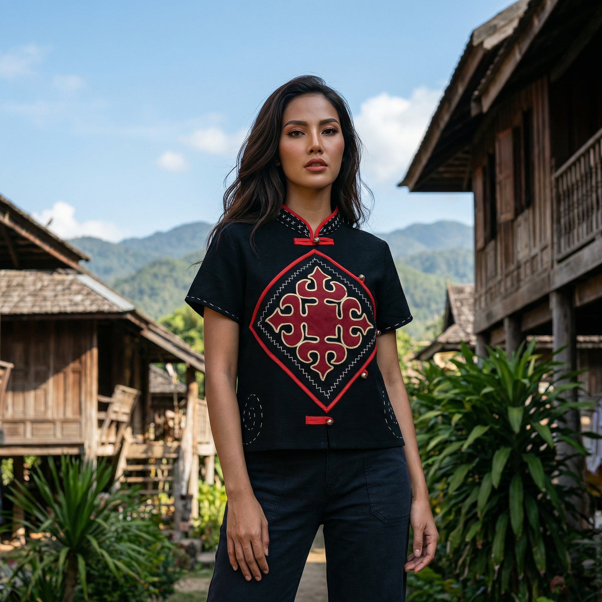 Modern-Style Hmong Hemp Top with Short Sleeves