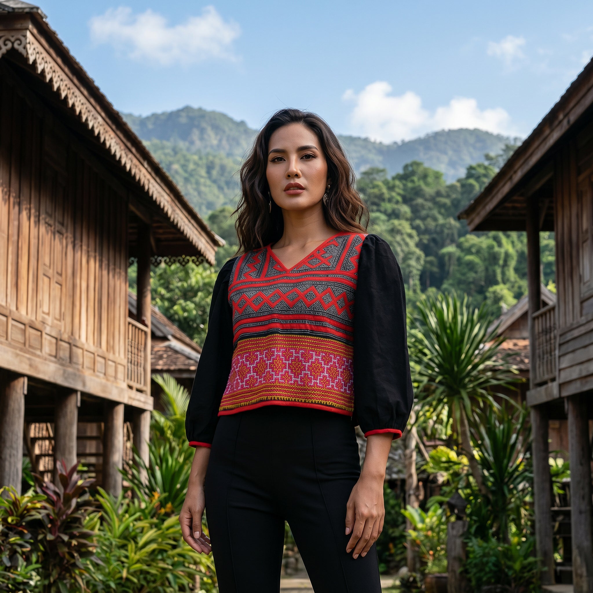 Modern-Style Hmong Hemp Top with V-Neck Vibrant Multicolor Geometric Embroidery Bands