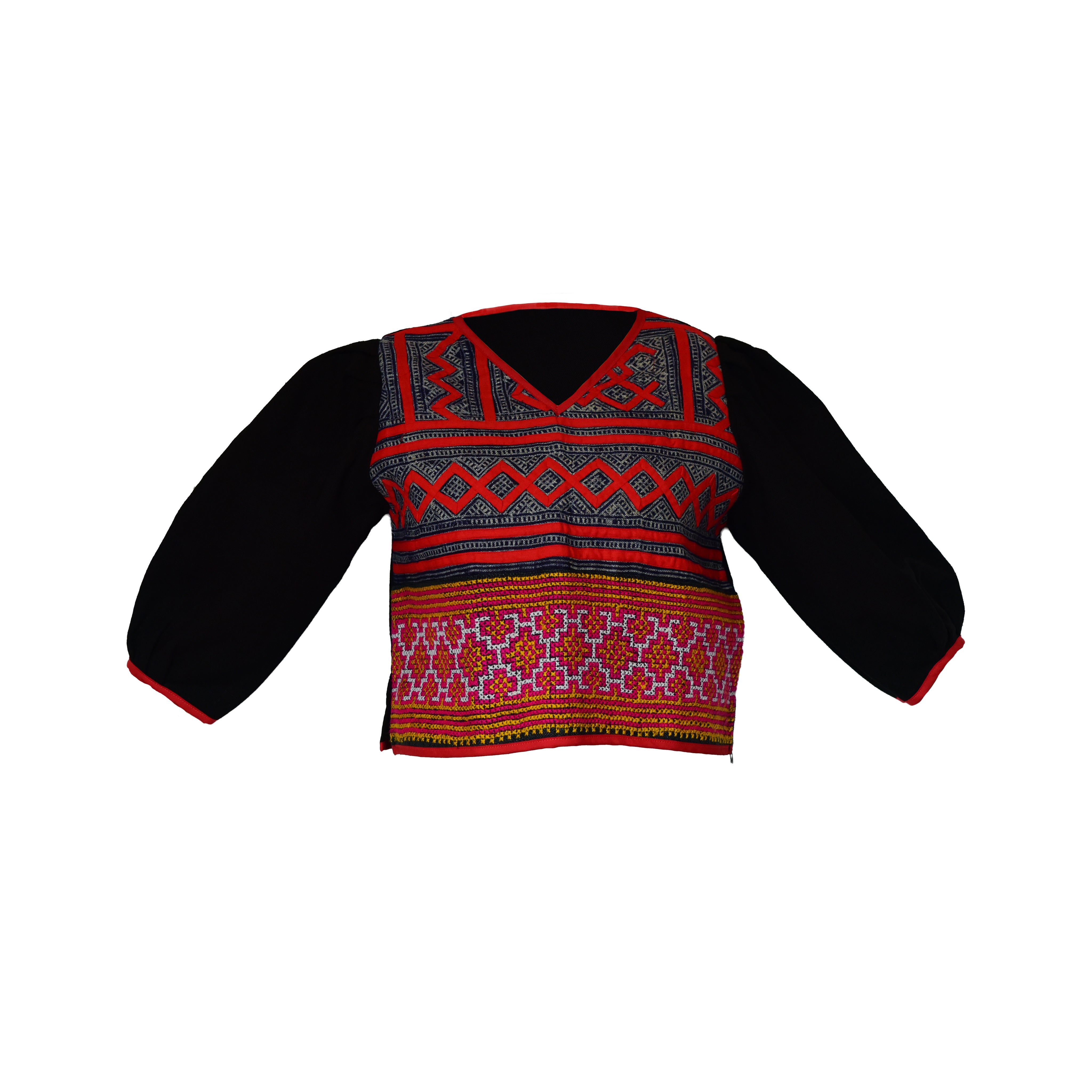 Modern-Style Hmong Hemp Top with V-Neck Vibrant Multicolor Geometric Embroidery Bands