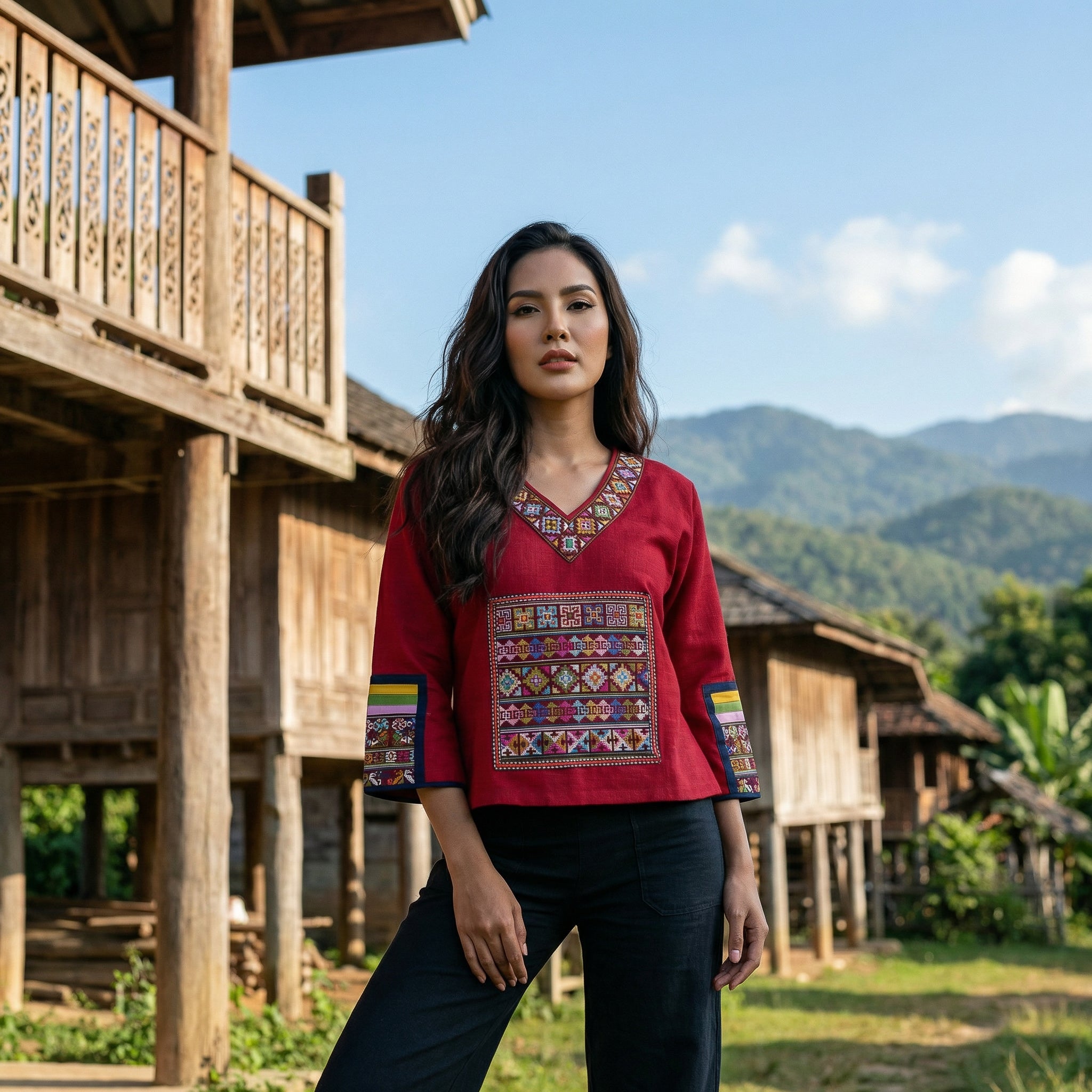 Modern-Style Hmong Hemp Top with Vibrant Multicolor Geometric Embroidery V-Neck