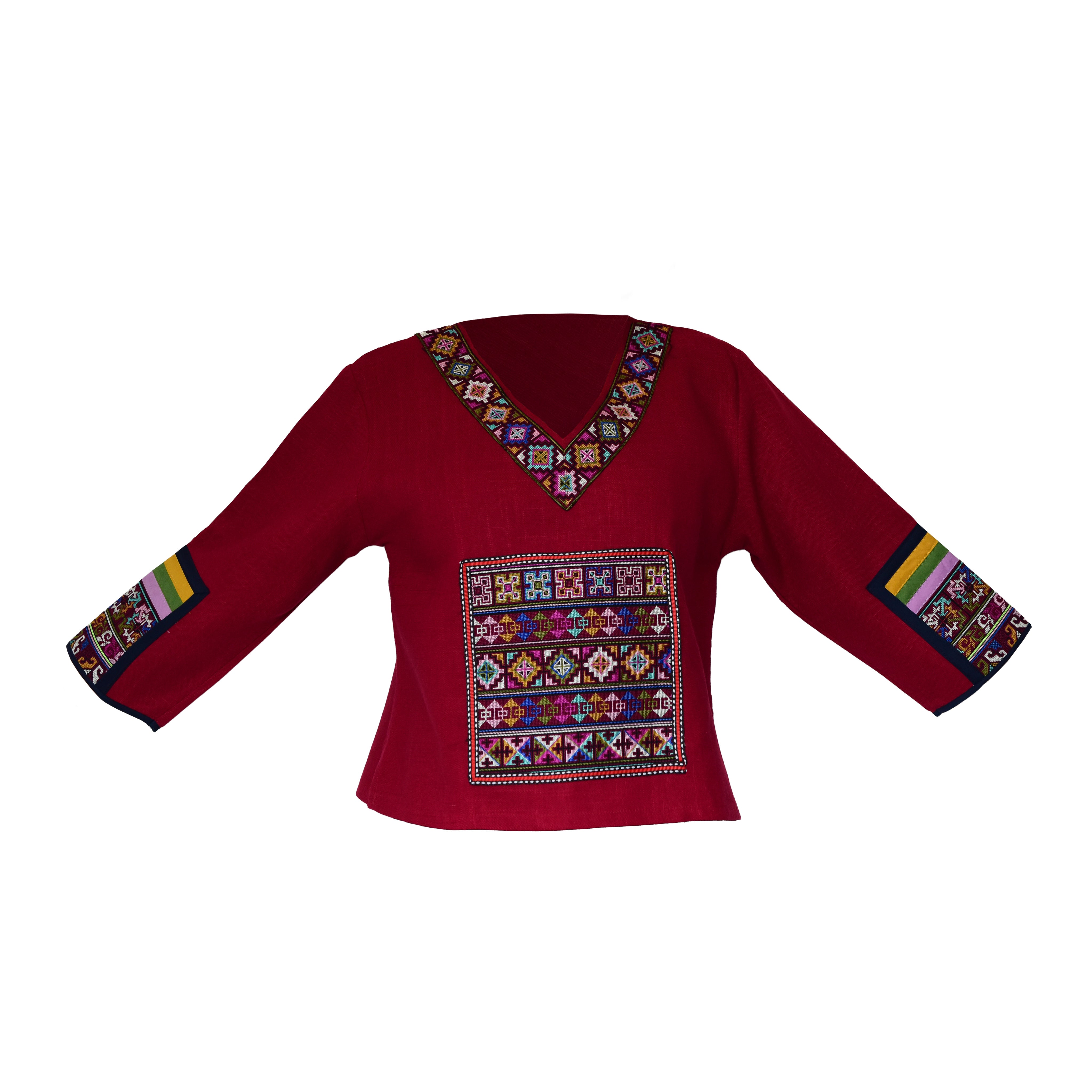Modern-Style Hmong Hemp Top with Vibrant Multicolor Geometric Embroidery V-Neck