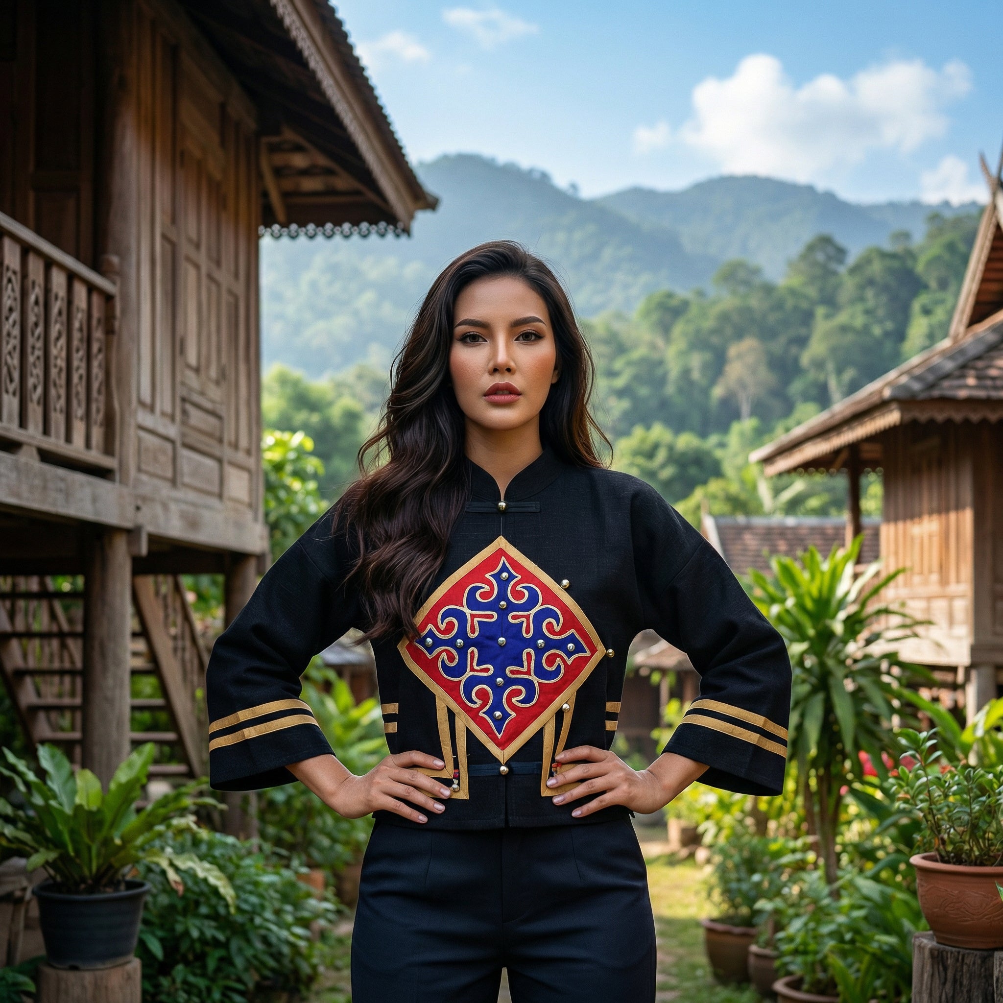 Modern-Style Hmong Top - Black Diamond