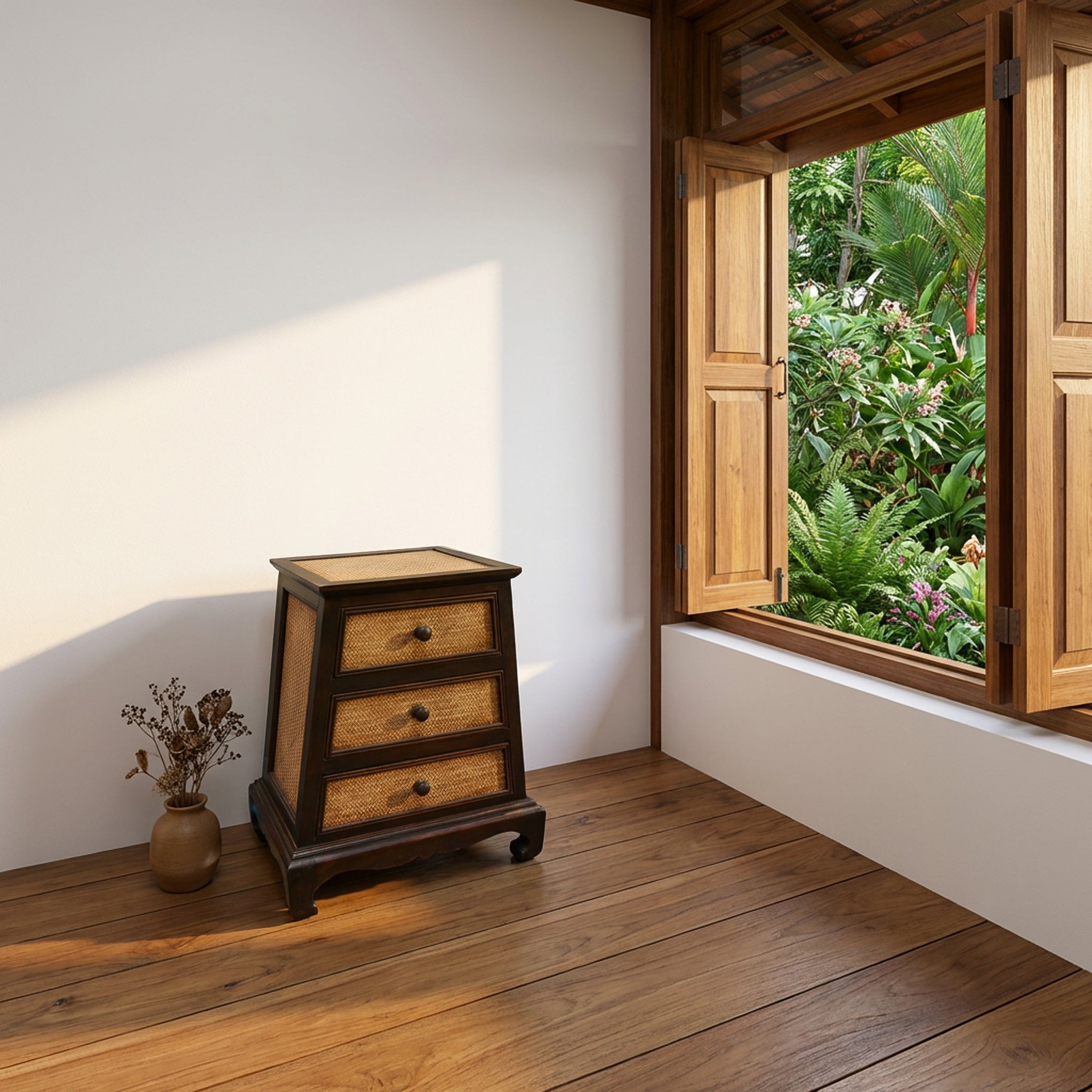 3-Schubladen-Kommode aus massivem thailändischem Hartholz mit geflochtenem Bambus