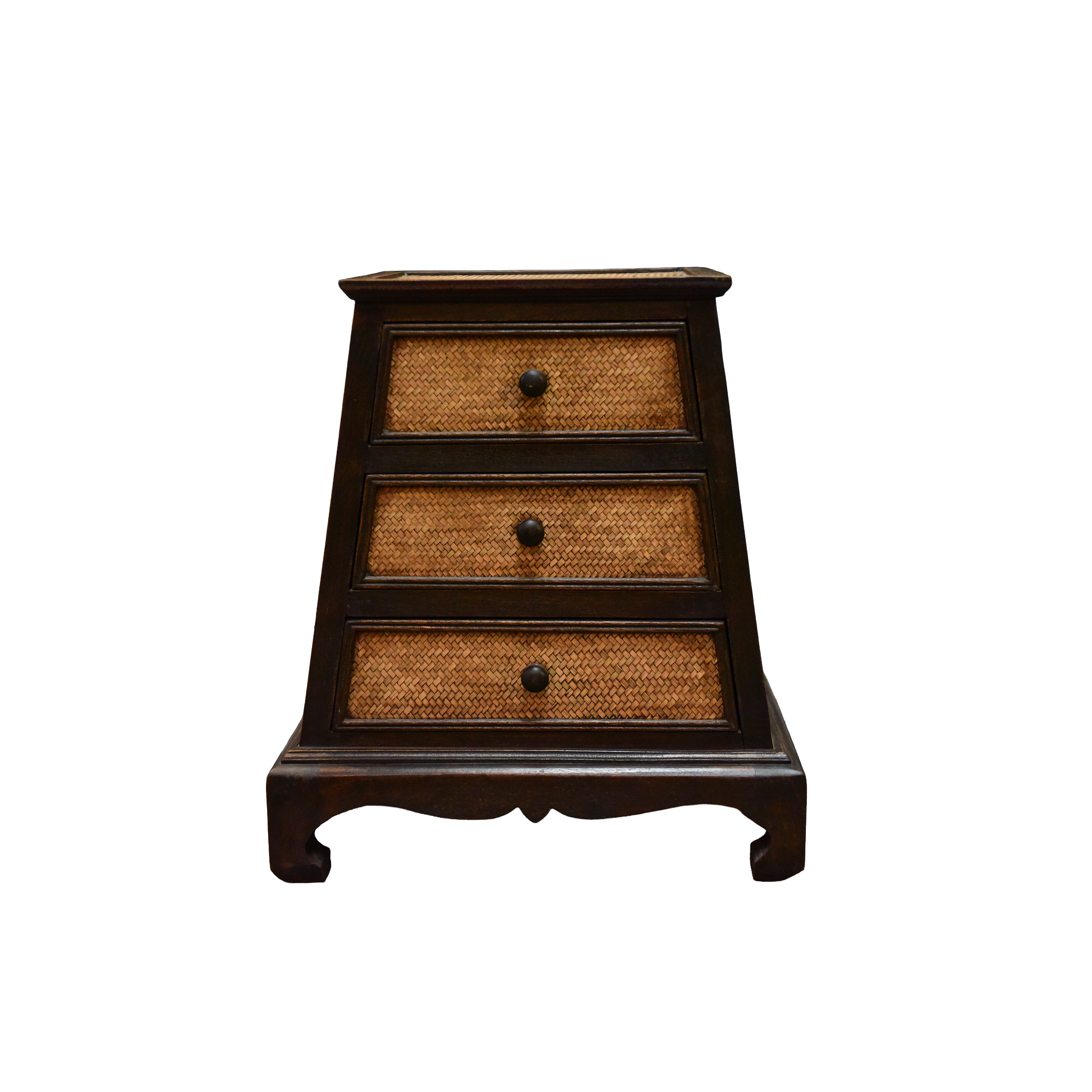 3-Schubladen-Kommode aus massivem thailändischem Hartholz mit geflochtenem Bambus