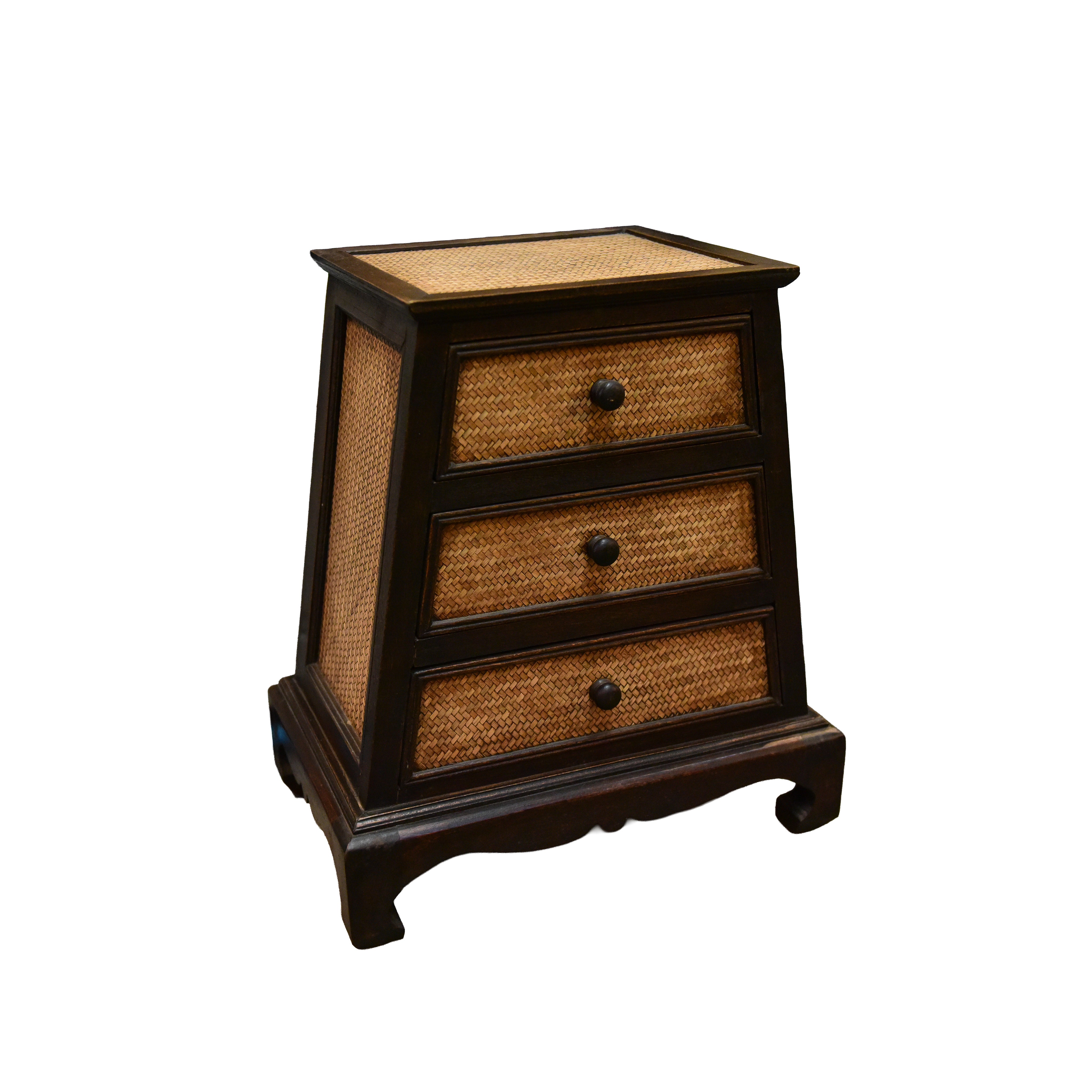Commode 3 tiroirs en bois dur thaïlandais massif avec bambou tressé