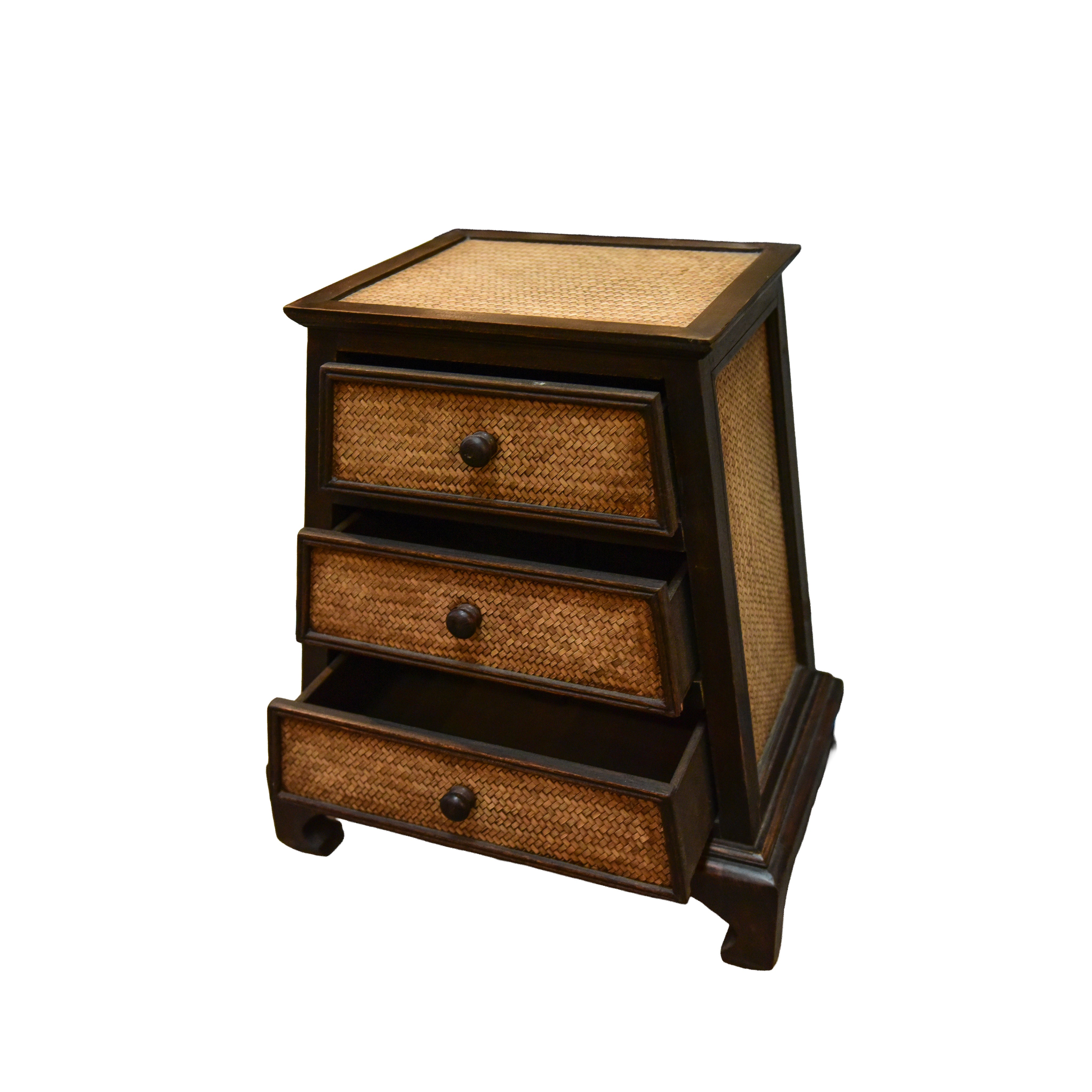Commode 3 tiroirs en bois dur thaïlandais massif avec bambou tressé