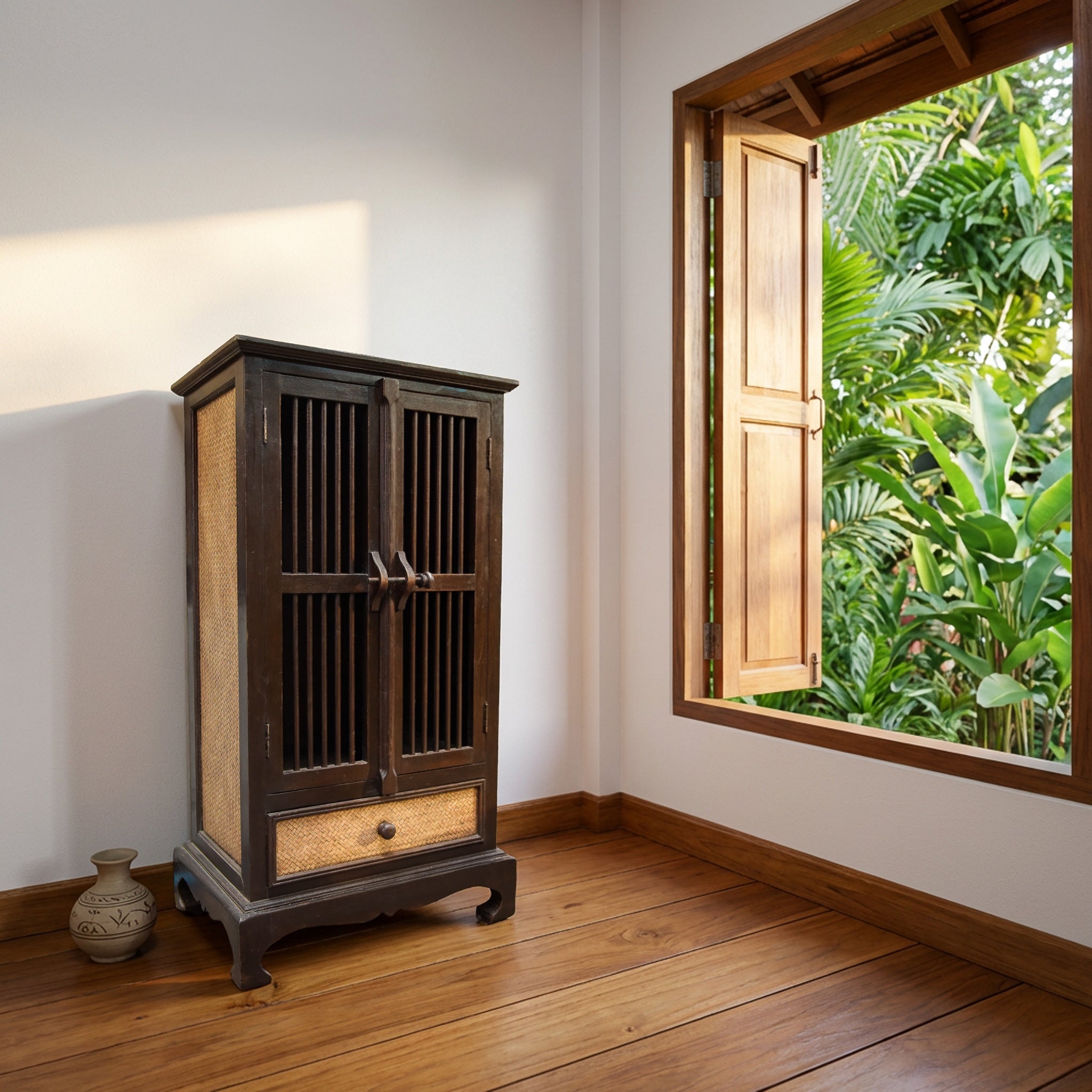 Tall Cabinet in Solid Thai Hardwood and Woven Bamboo