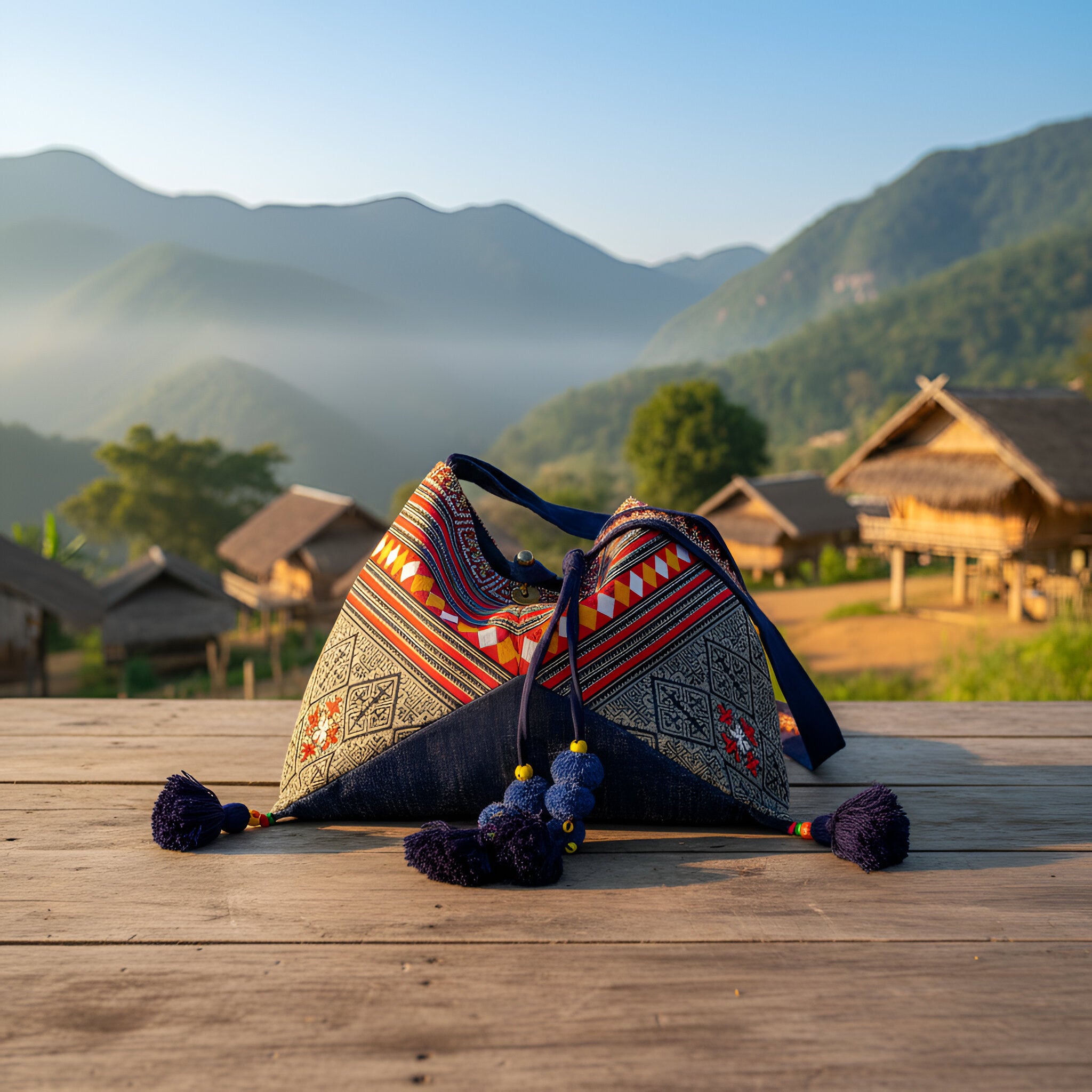 Sac bandoulière bleu foncé en tissu imprimé à motifs de tribus montagnardes