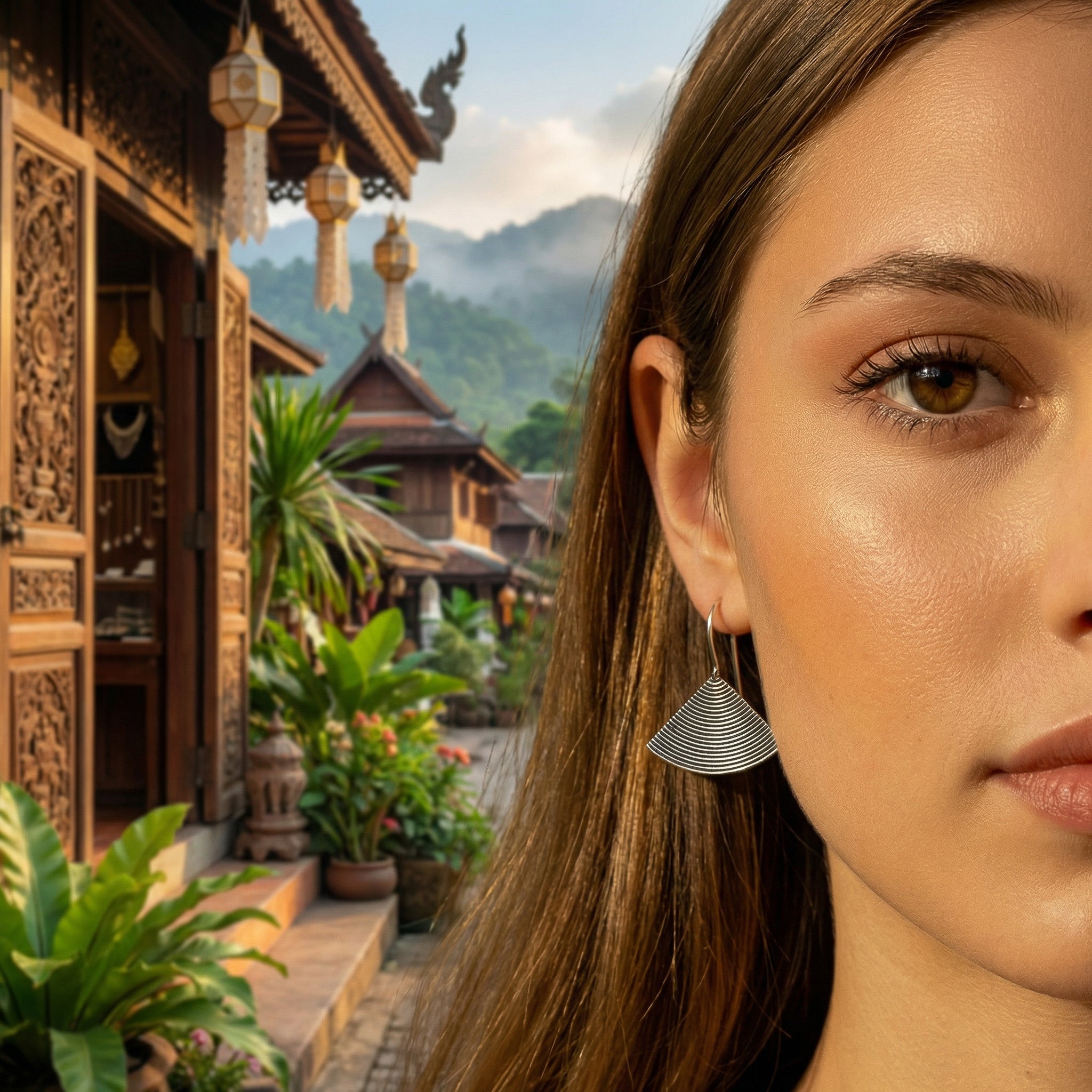 Ohrringe der Karen Hill Tribe aus 98 % feinem Silber, geriffelt, fächerförmig, handgefertigter Schmuck