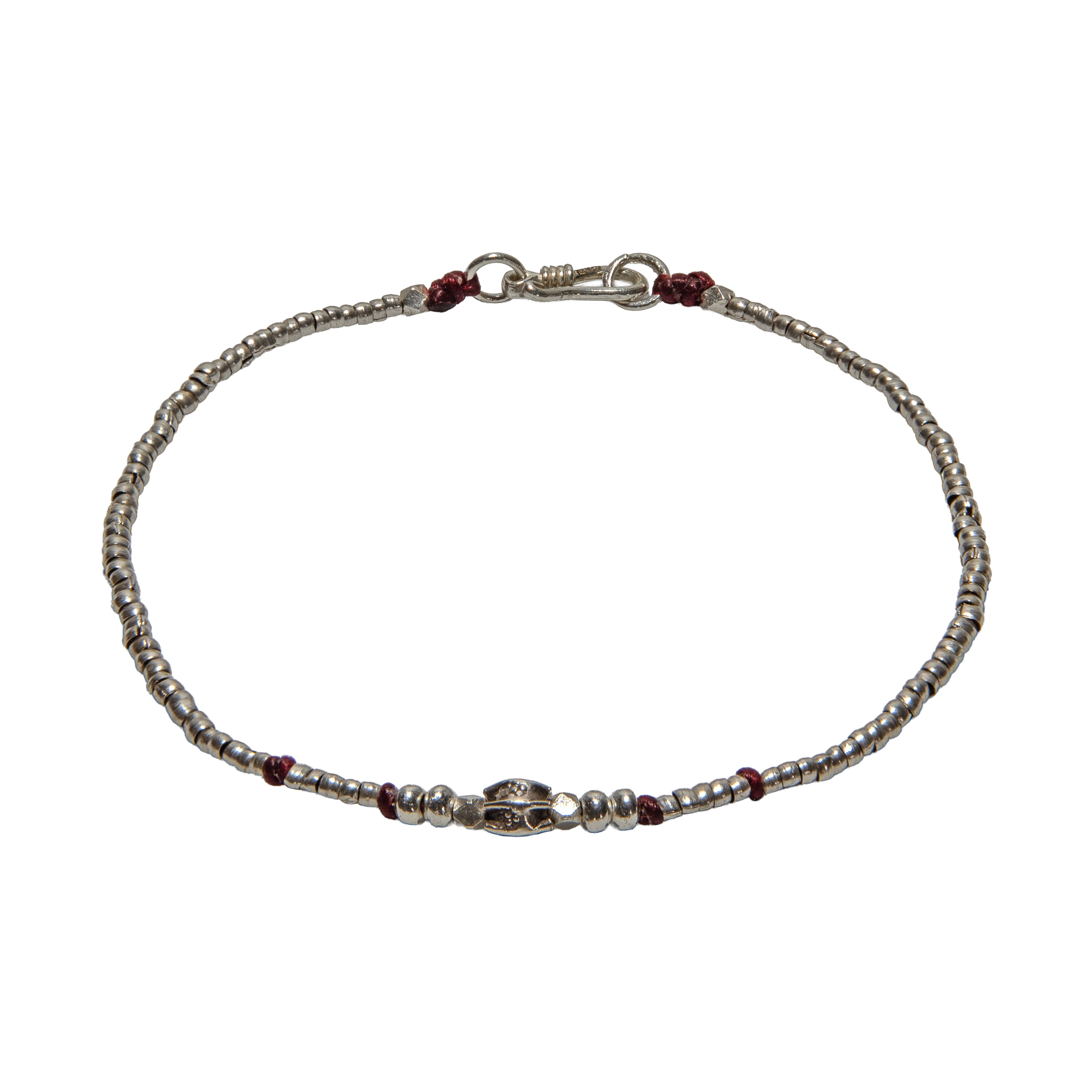 Perlen-Fusskettchen aus 98 % feinem Silber der Karen-Bergvölker mit roten Akzenten - Handgefertigter Schmuck