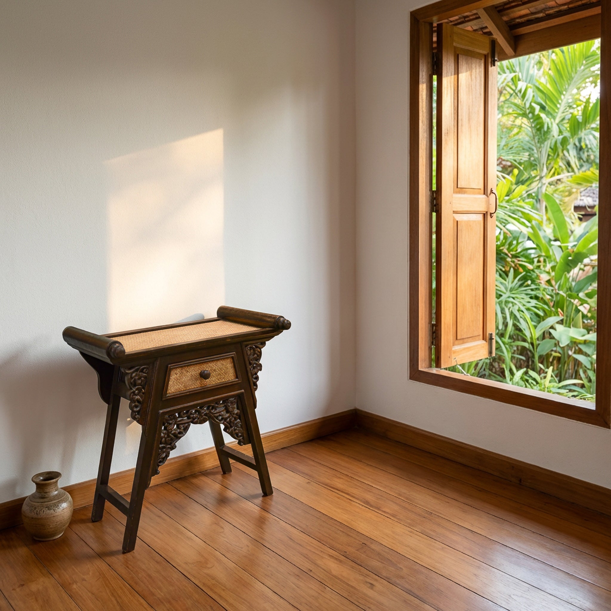 Small Console with drawer in Solid Thai Hardwood and Woven Bamboo with Grape Carvings