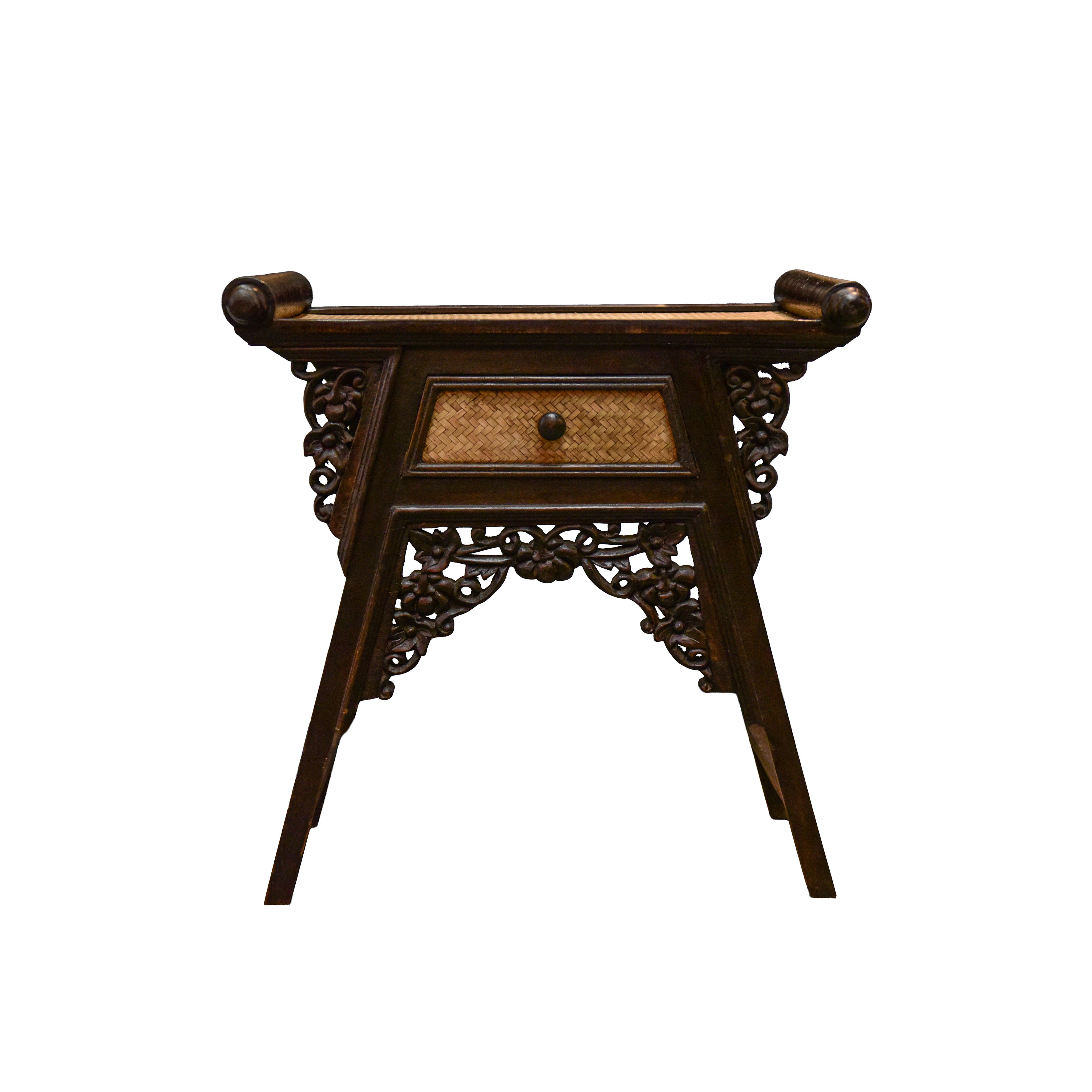 Small Console with drawer in Solid Thai Hardwood and Woven Bamboo with Grape Carvings